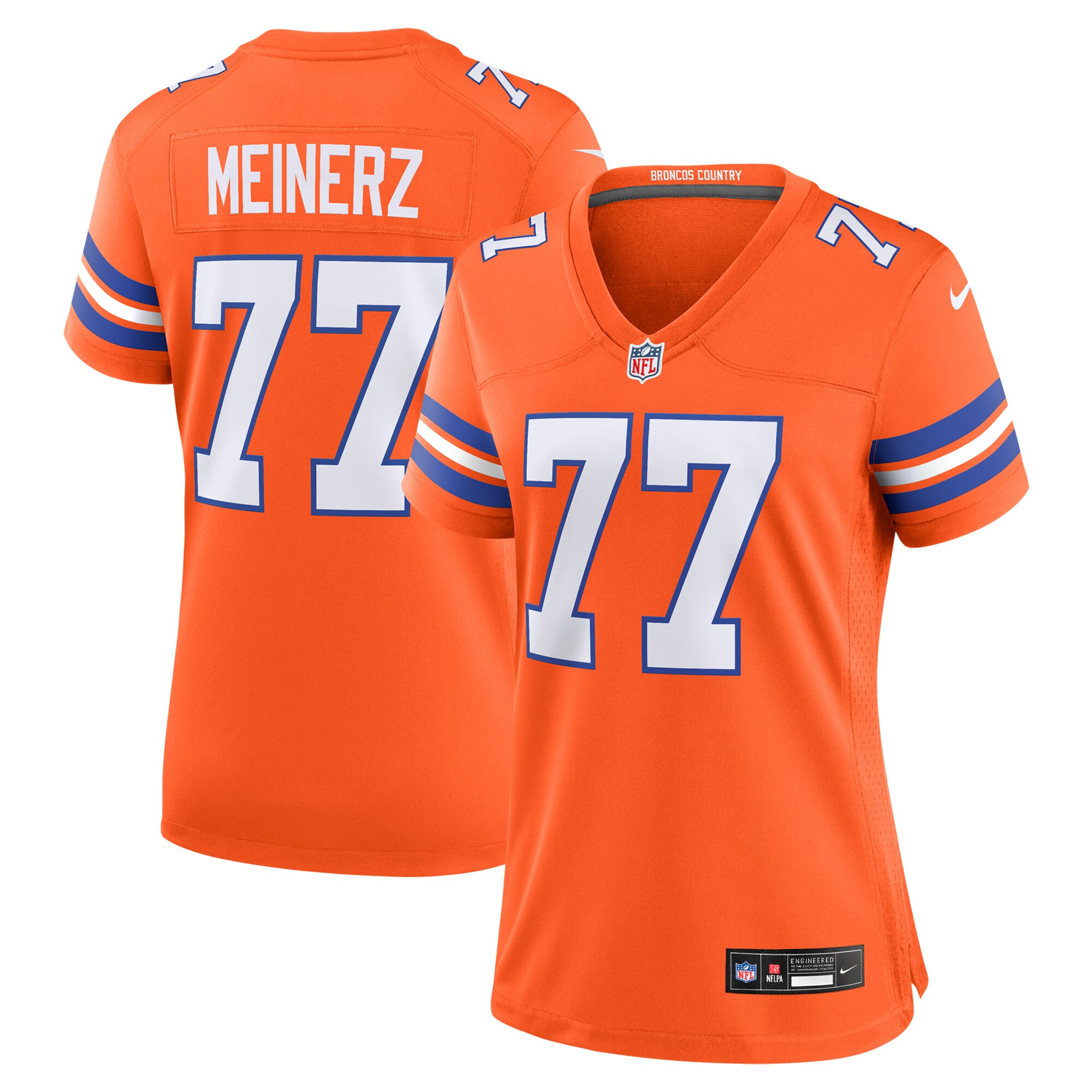 Women's Denver Broncos Quinn Meinerz Orange Mile High Collection 1977 Throwback Player Game Jersey JS4926 Saliibo