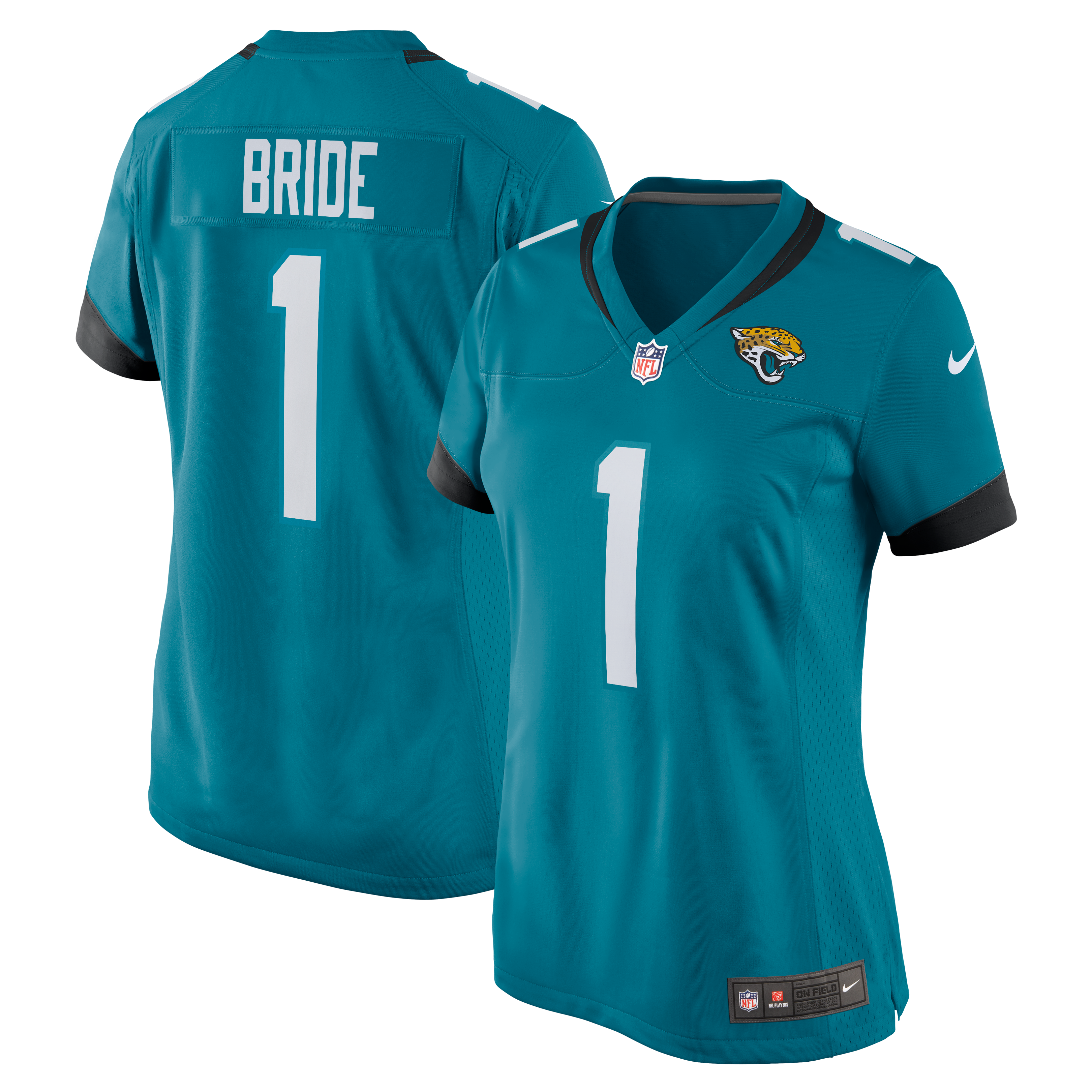 Women's Jacksonville Jaguars Number 1 Bride Teal Game Jersey JS7147 Saliibo