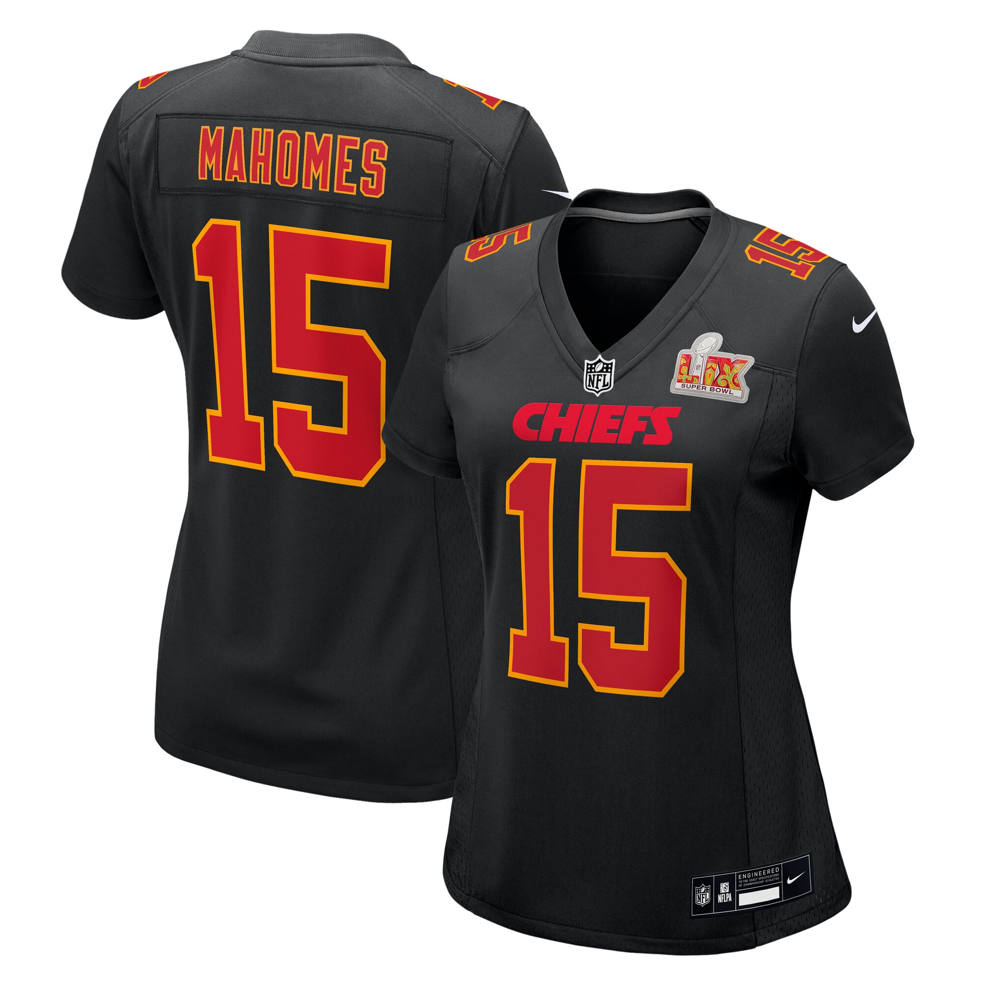 Women's Kansas City Chiefs Patrick Mahomes Carbon Black Super Bowl LIX Fashion Game Jersey JS2826 Saliibo