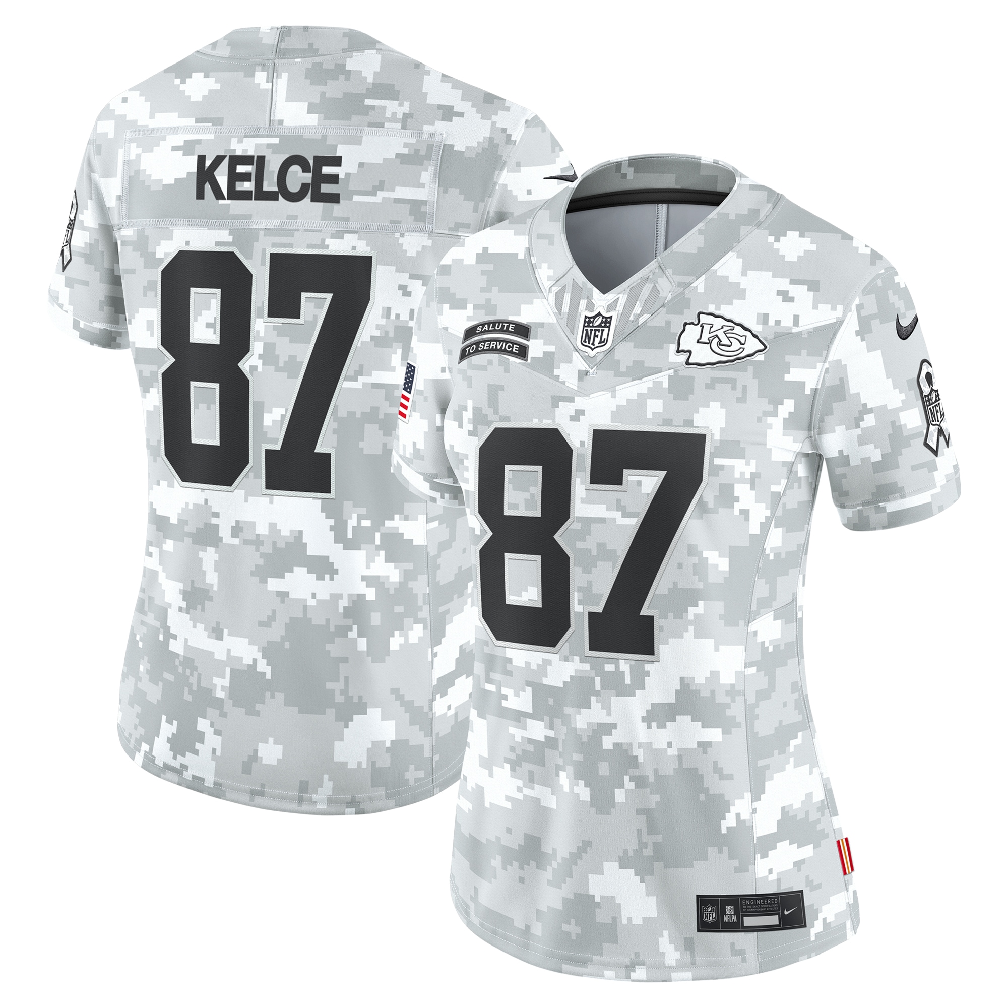 Women's Kansas City Chiefs Travis Kelce Arctic Camo 2024 Salute to Service Limited Jersey JS2775 Saliibo