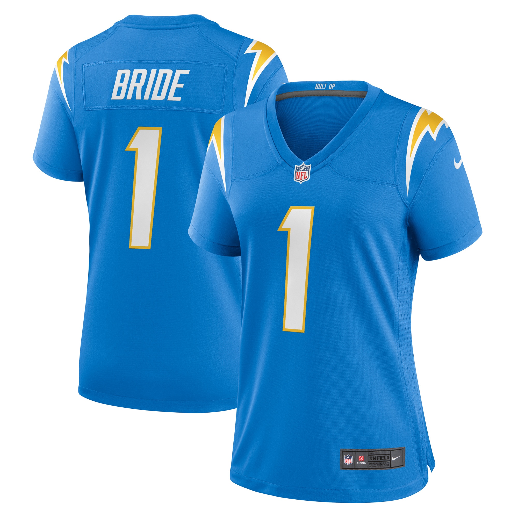 Women's Los Angeles Chargers Number 1 Bride Powder Blue Game Jersey JS4608 Saliibo