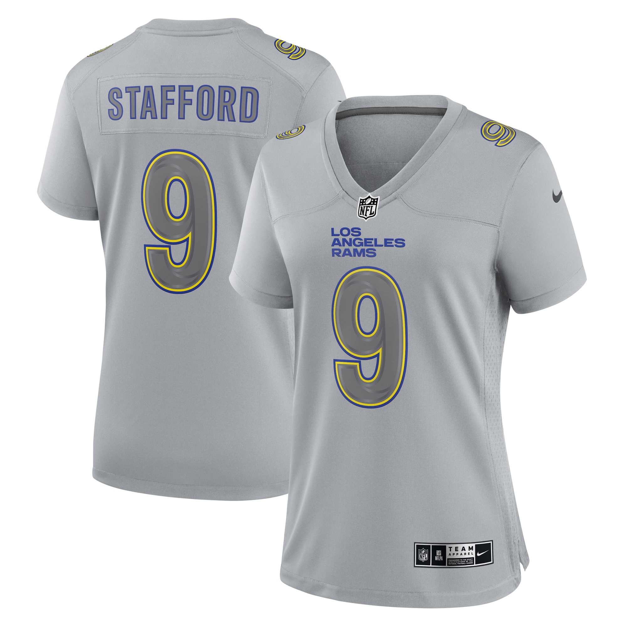 Women's Los Angeles Rams Matthew Stafford Gray Atmosphere Fashion Game Jersey JS3544 Saliibo