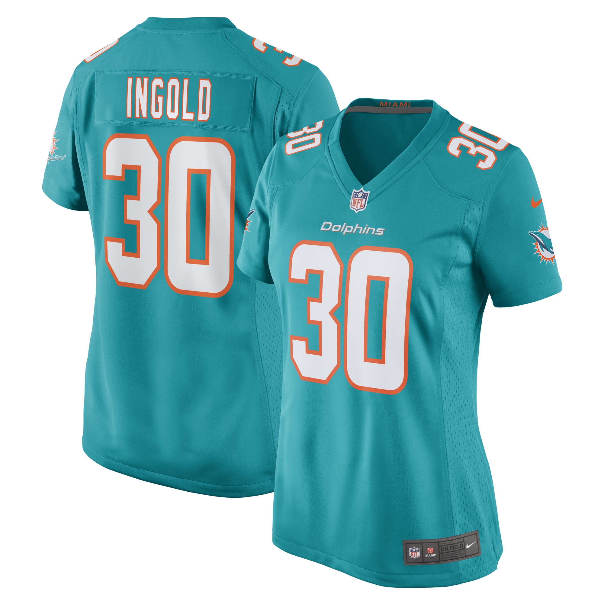 Women's Miami Dolphins Alec Ingold Aqua Game Player Jersey JS8770 Saliibo