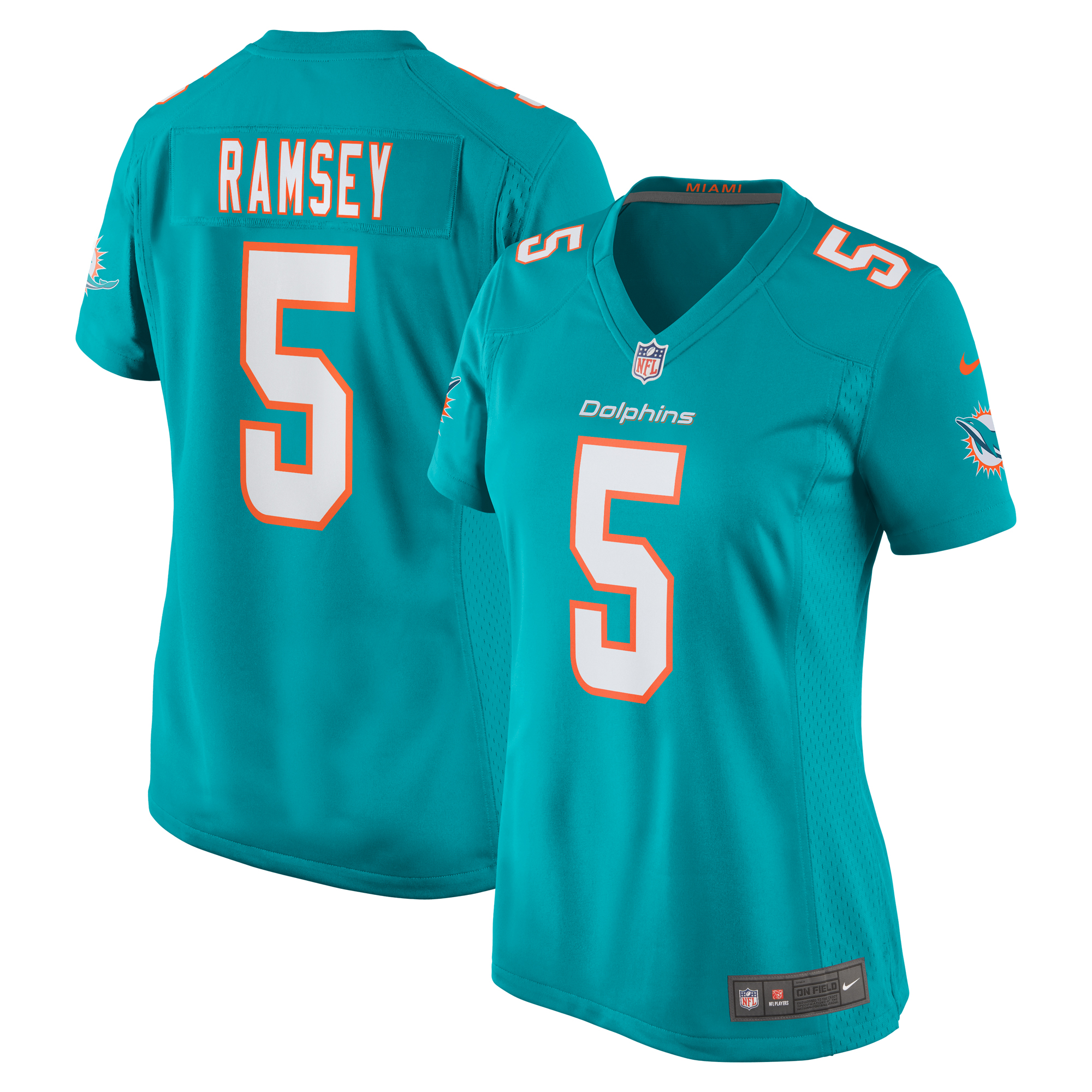 Women's Miami Dolphins Jalen Ramsey Aqua Player Jersey JS2194 Saliibo