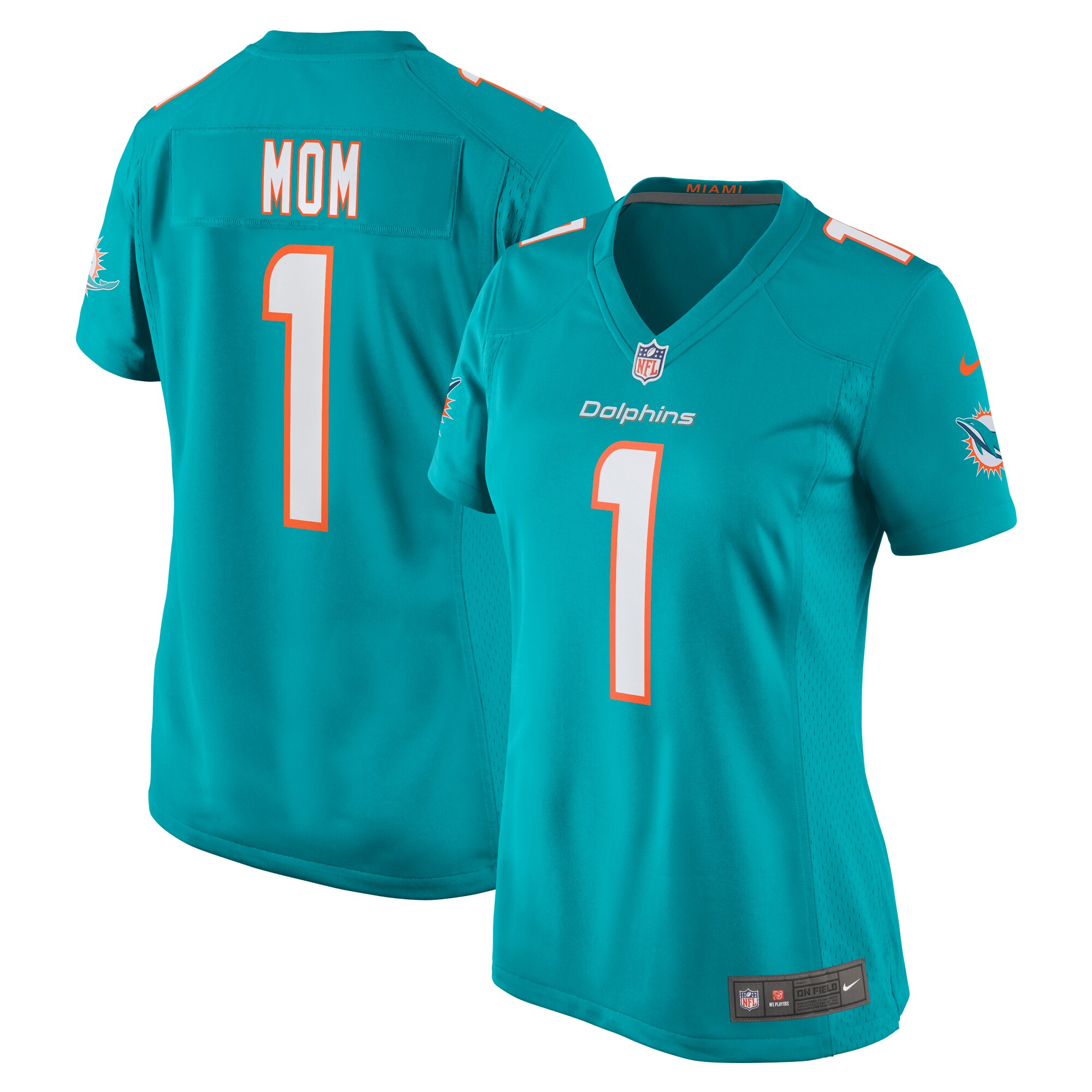 Women's Miami Dolphins Number 1 Mom Aqua Game Jersey JS4305 Saliibo