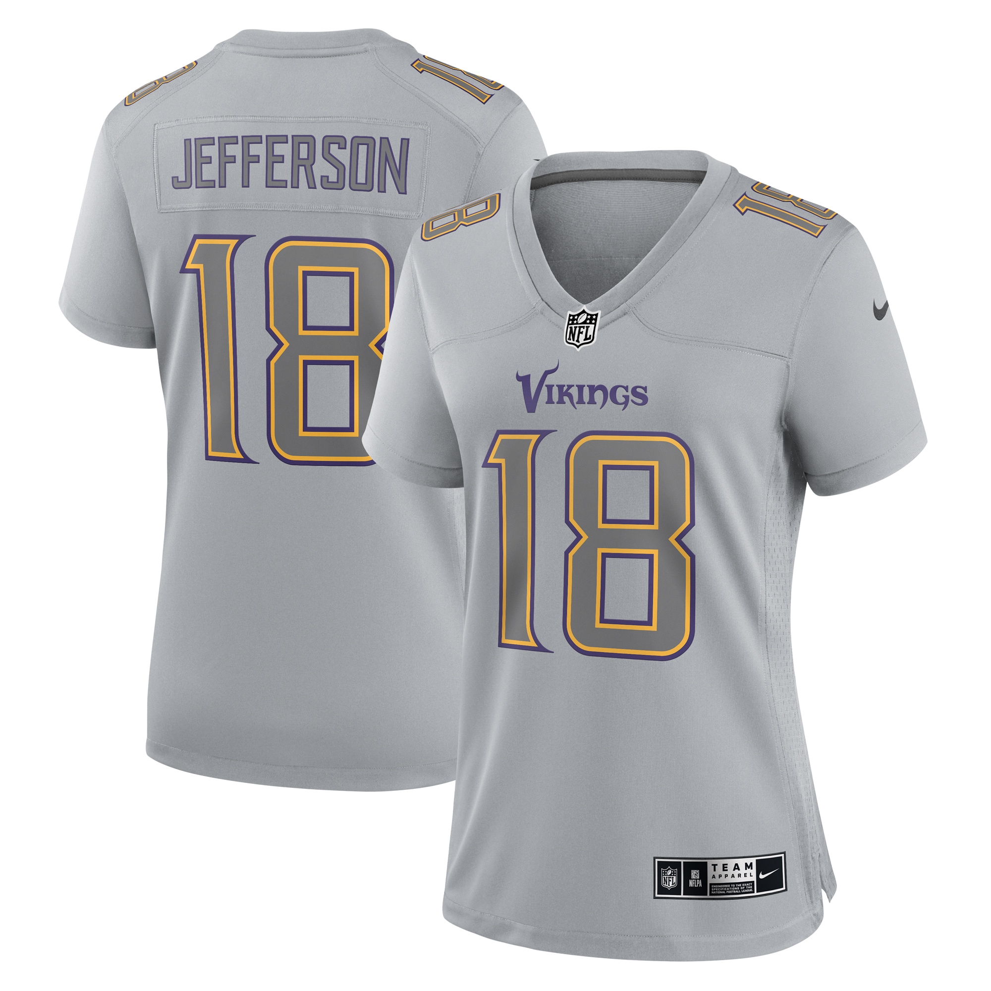 Women's Minnesota Vikings Justin Jefferson Gray Atmosphere Fashion Game Jersey JS3850 Saliibo
