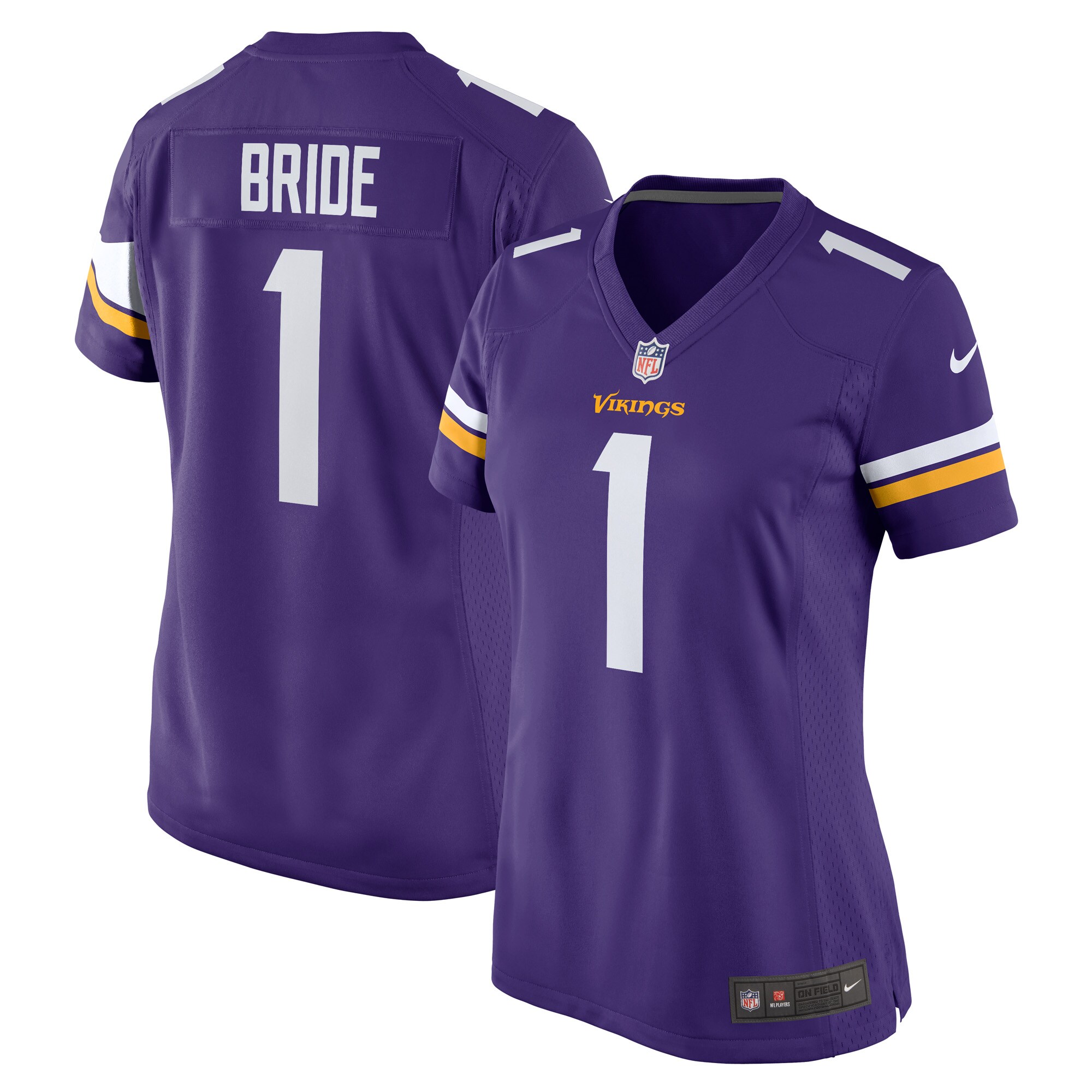 Women's Minnesota Vikings Number 1 Bride Purple Game Jersey JS6665 Saliibo