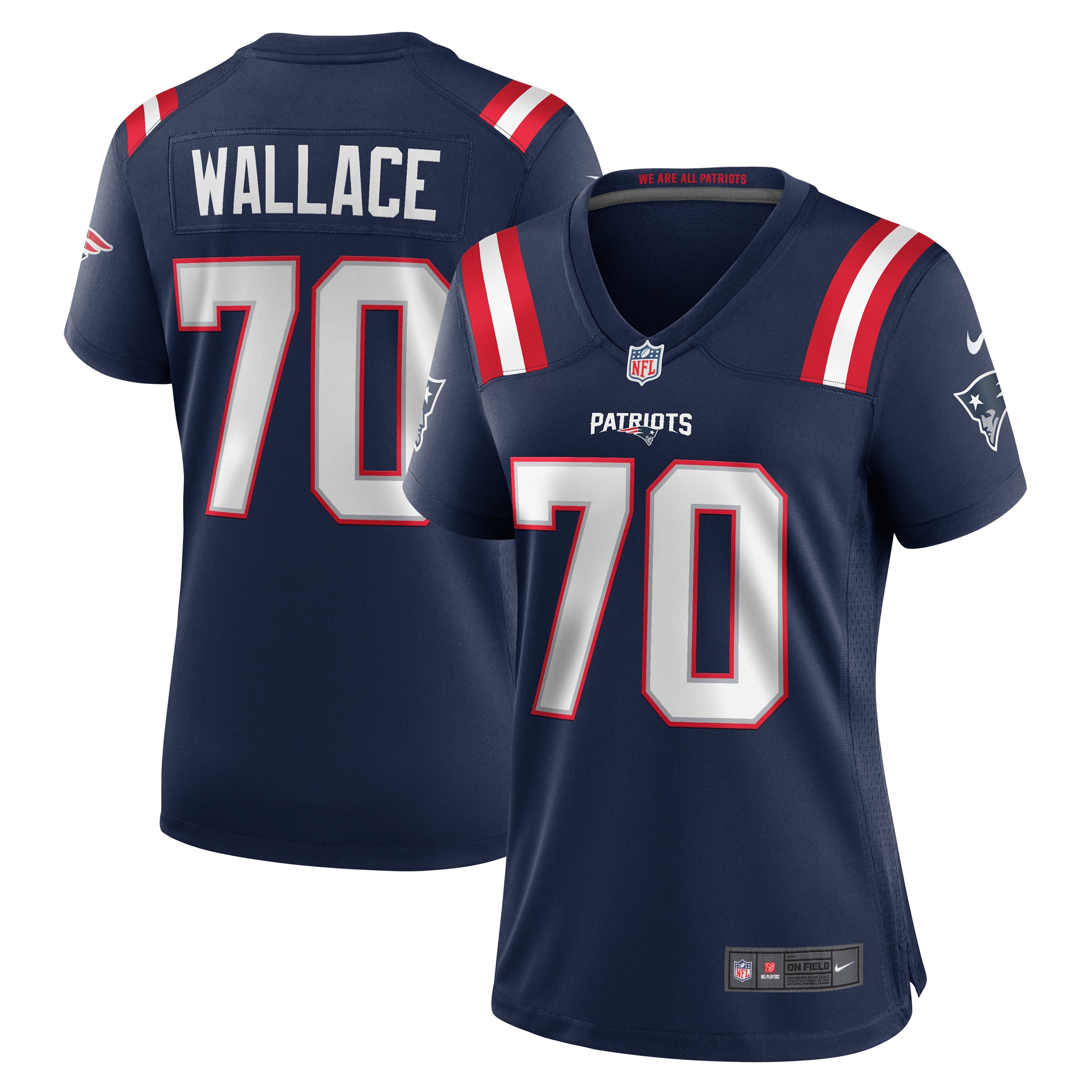 Women's New England Patriots Caedan Wallace Navy Game Jersey JS8944 Saliibo