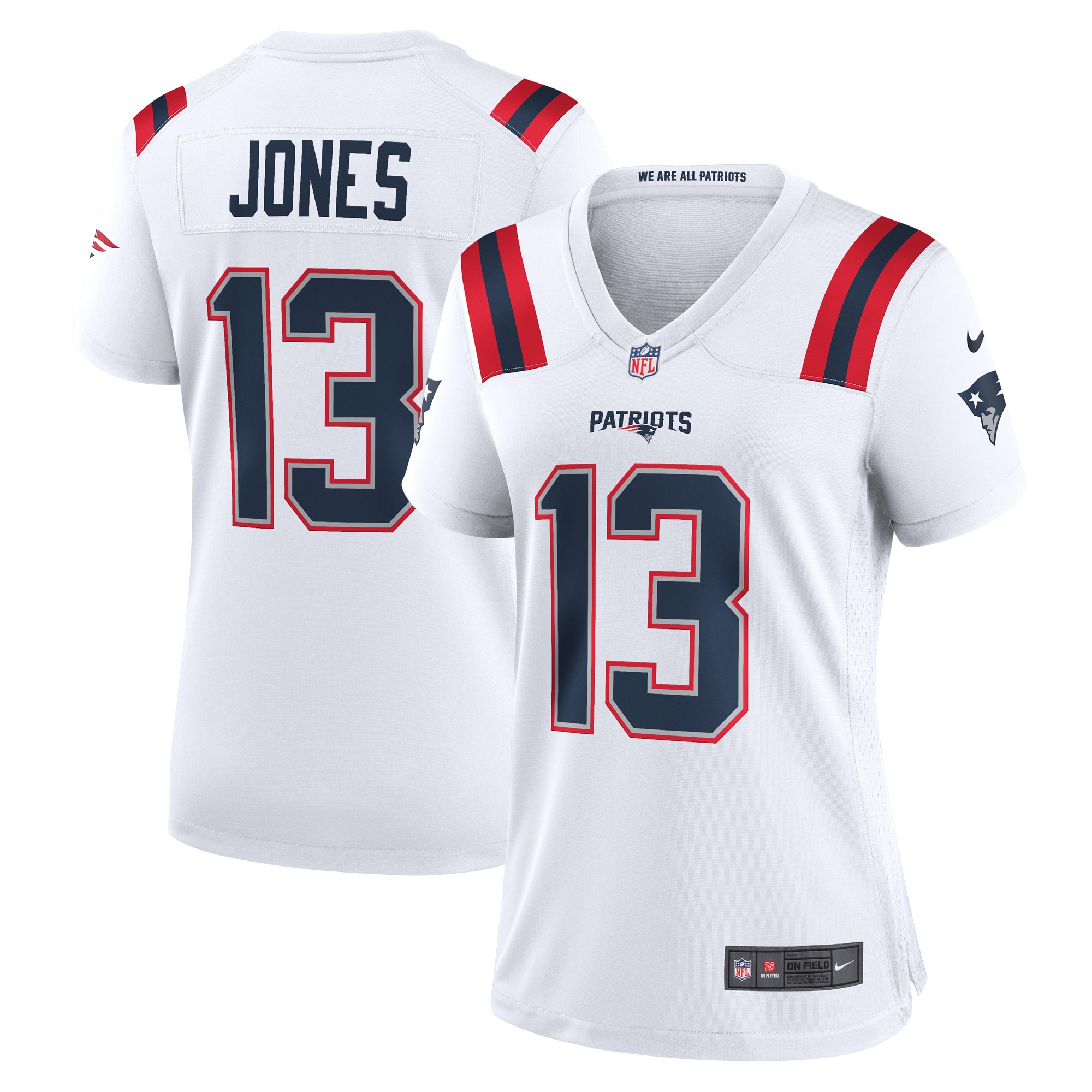 Women's New England Patriots Jack Jones White Game Player Jersey JS5288 Saliibo