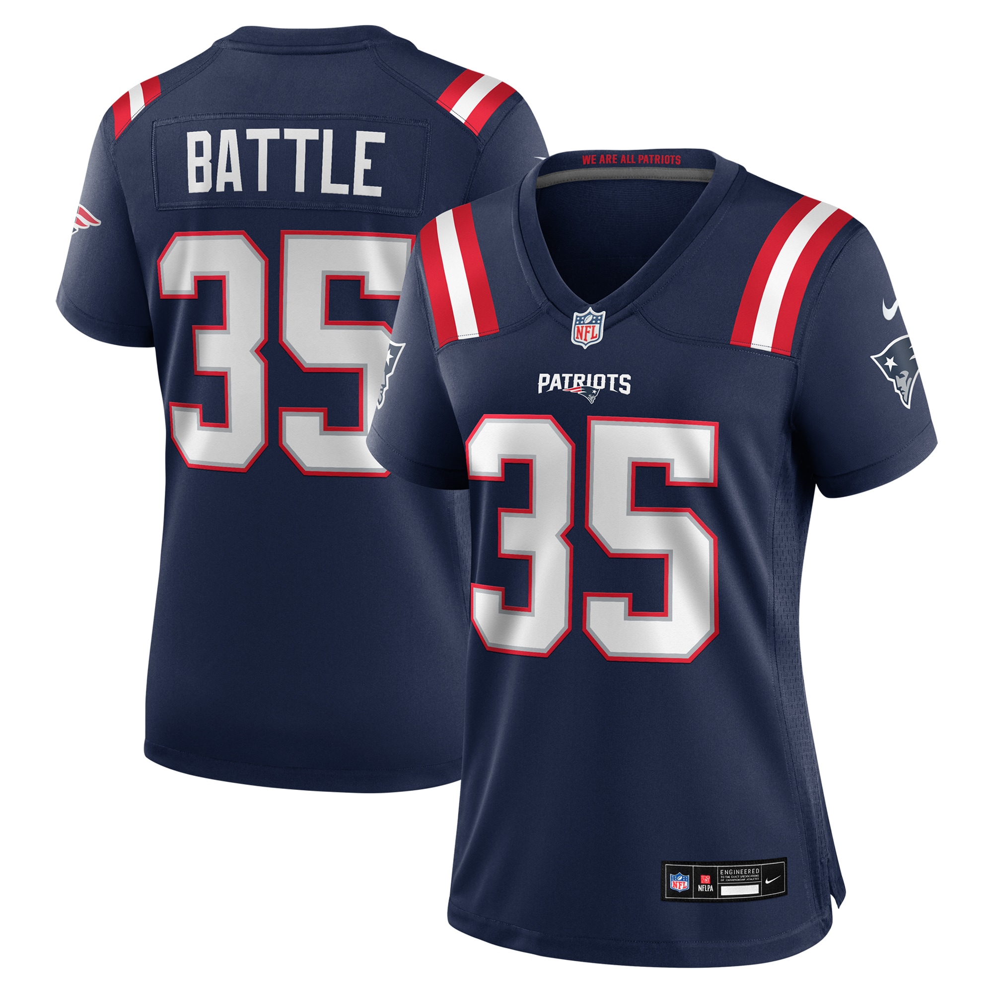 Women's New England Patriots Miles Battle Navy Game Jersey JS7117 Saliibo