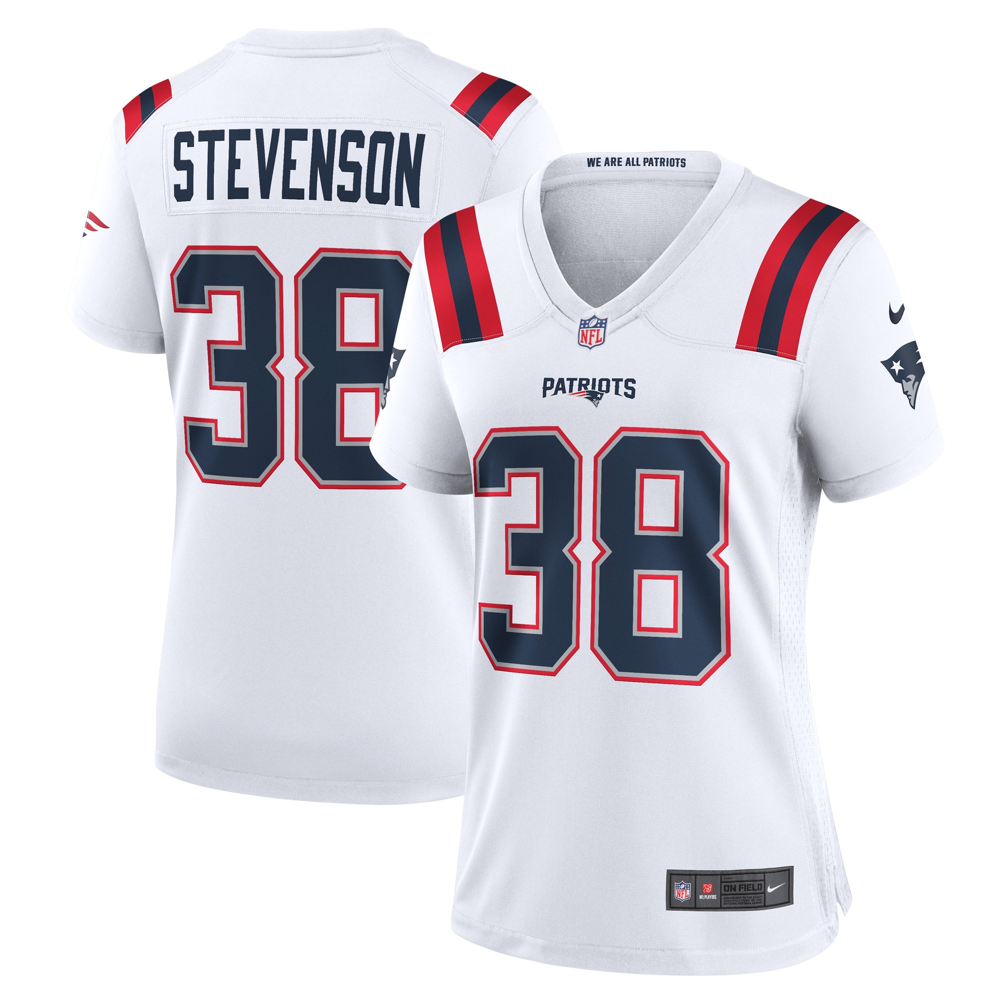 Women's New England Patriots Rhamondre Stevenson White Game Player Jersey JS1938 Saliibo
