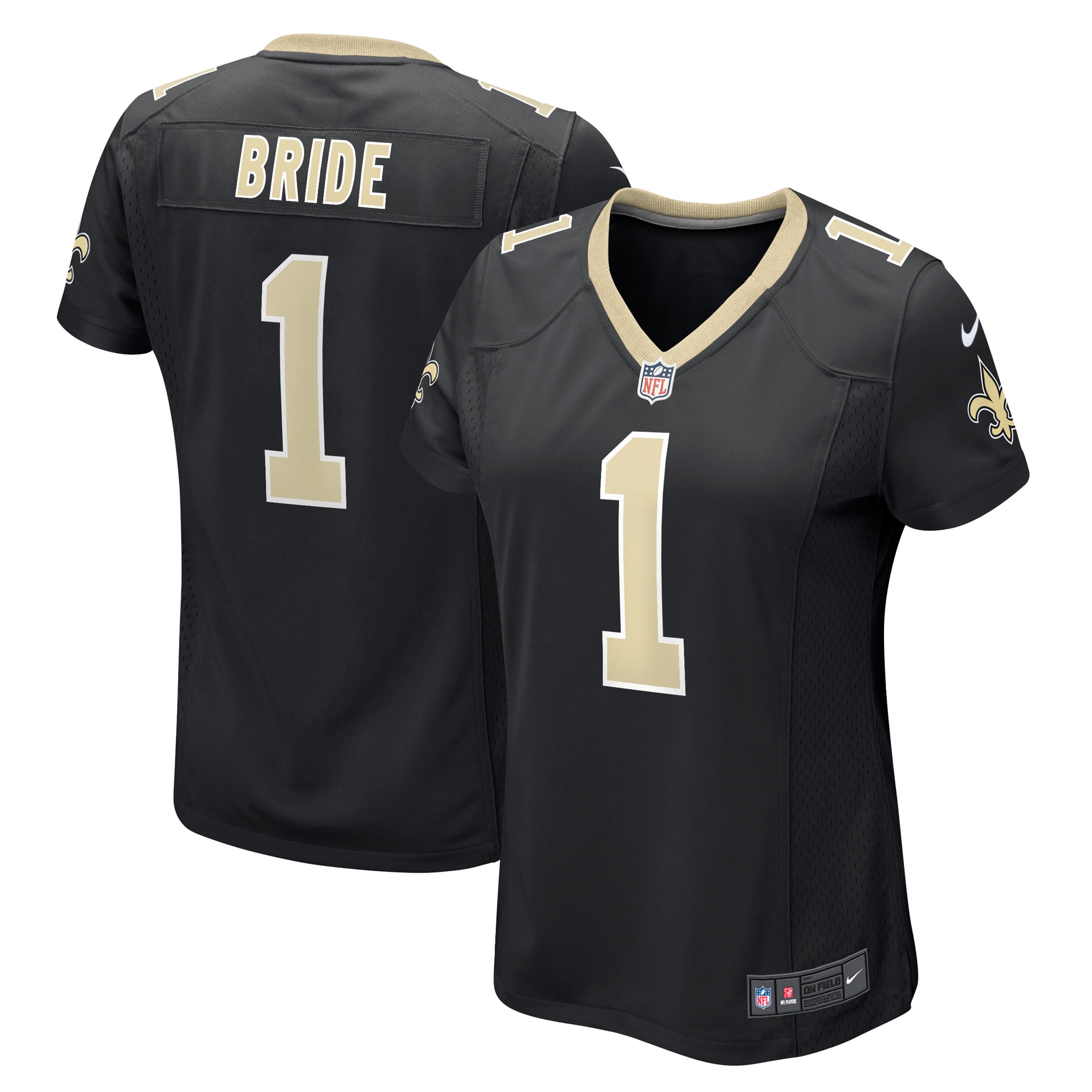 Women's New Orleans Saints Number 1 Bride Black Game Jersey JS7664 Saliibo