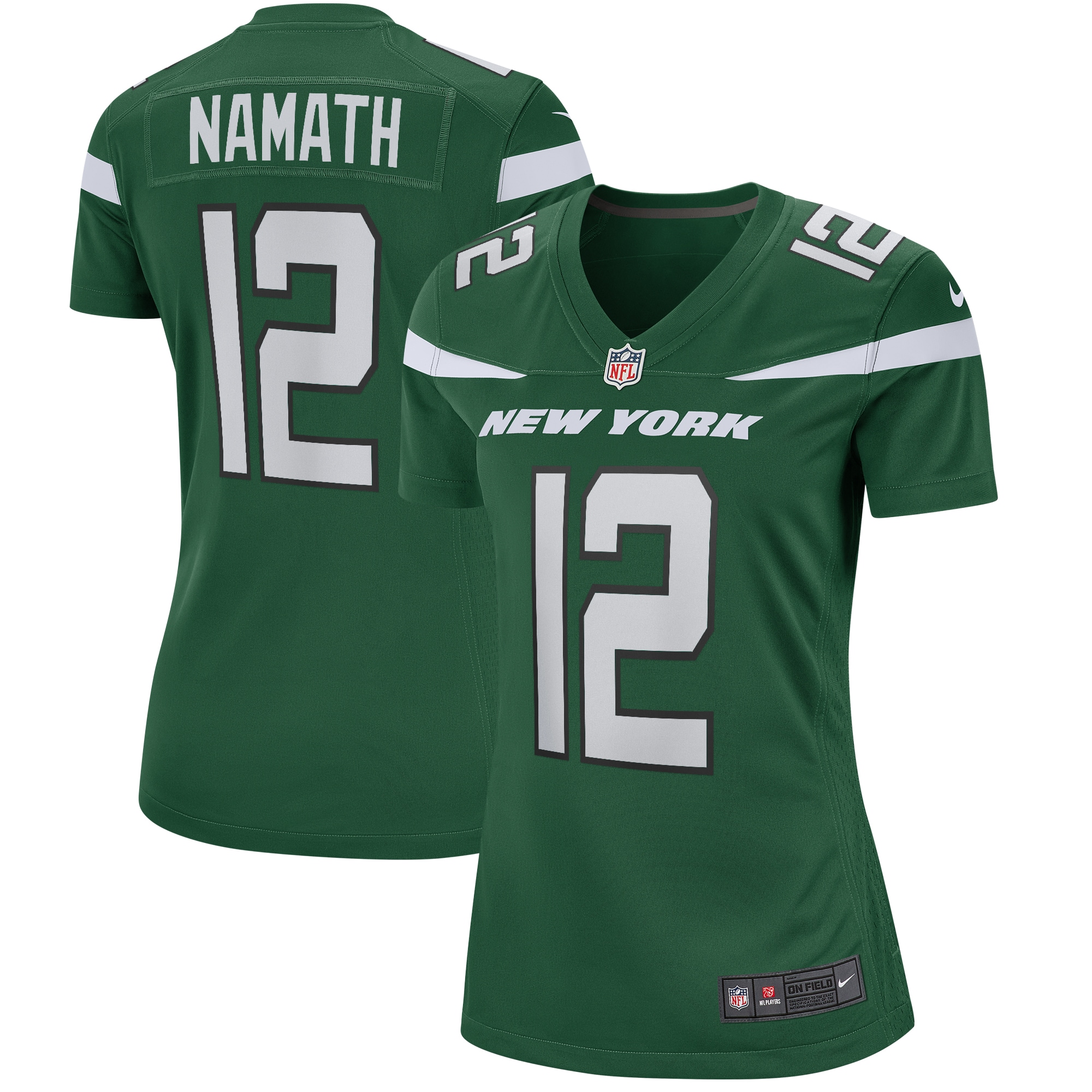 Women's New York Jets Joe Namath Gotham Green Game Retired Player Jersey JS7933 Saliibo
