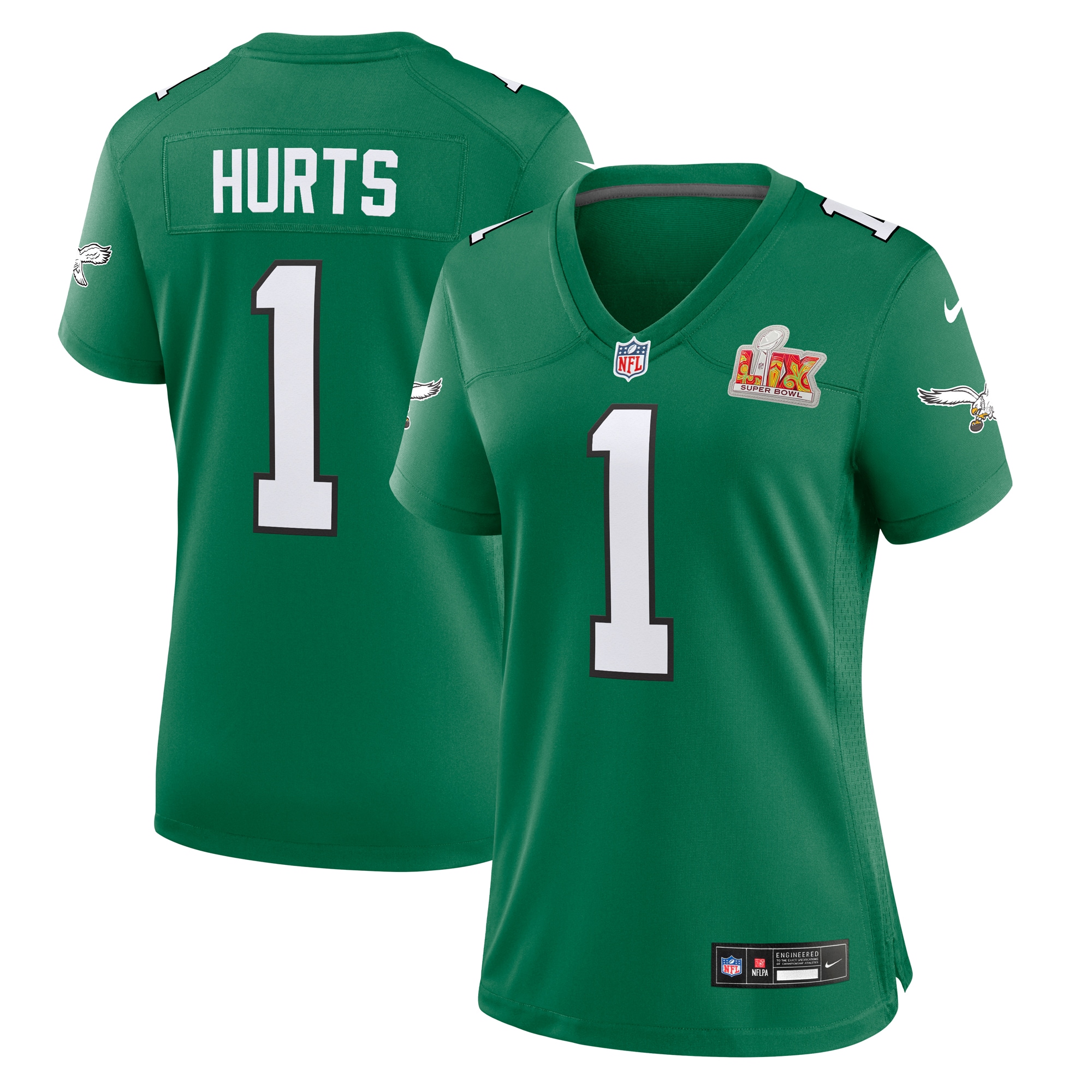 Women's Philadelphia Eagles Jalen Hurts Kelly Green Super Bowl LIX 2nd Alternate Game Jersey JS1354 Saliibo