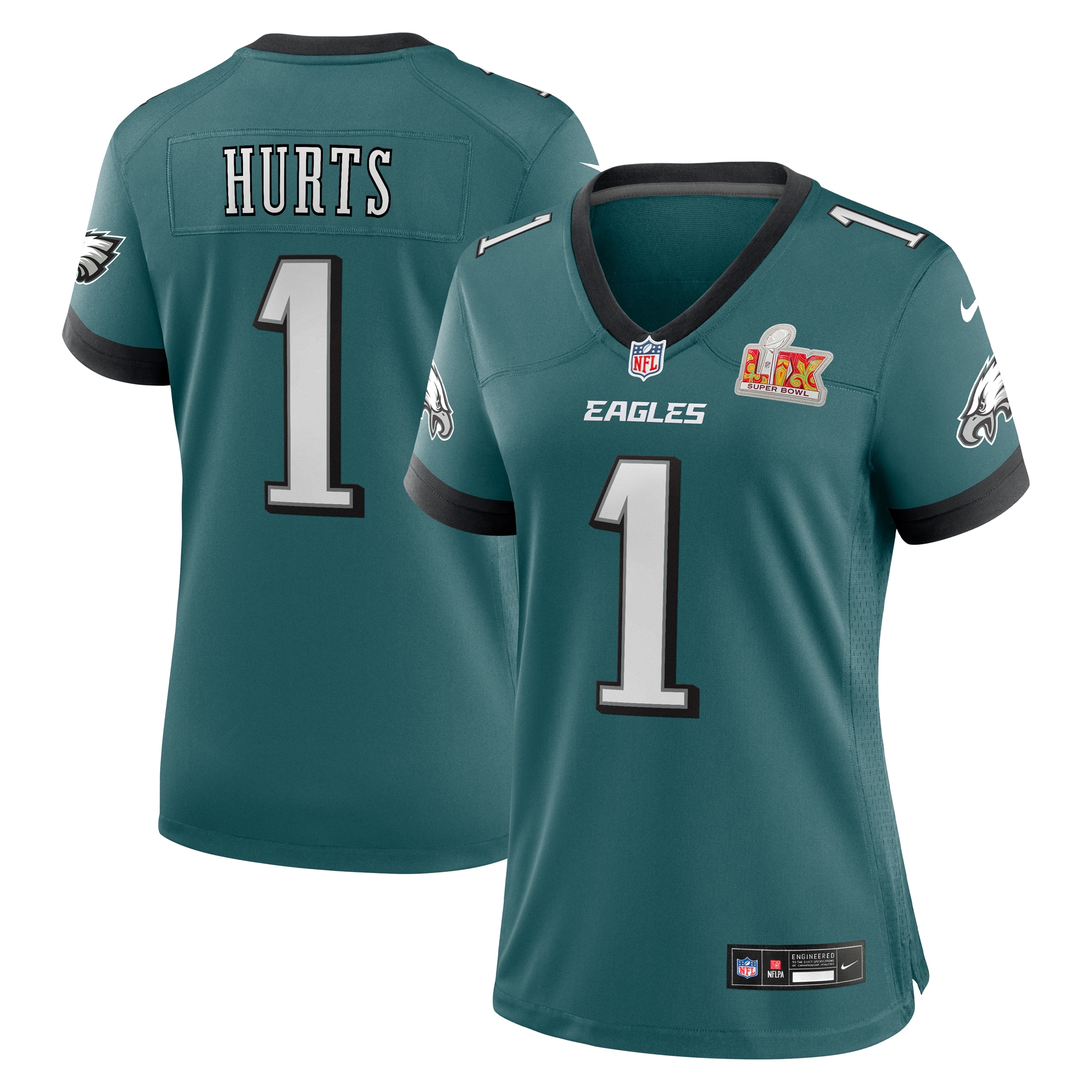 Women's Philadelphia Eagles Jalen Hurts Midnight Green Super Bowl LIX Game Player Jersey JS6585 Saliibo