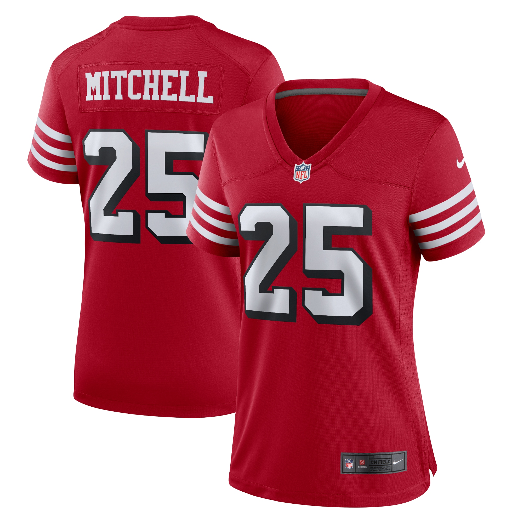 Women's San Francisco 49ers Elijah Mitchell Scarlet Alternate Team Game Jersey JS1230 Saliibo