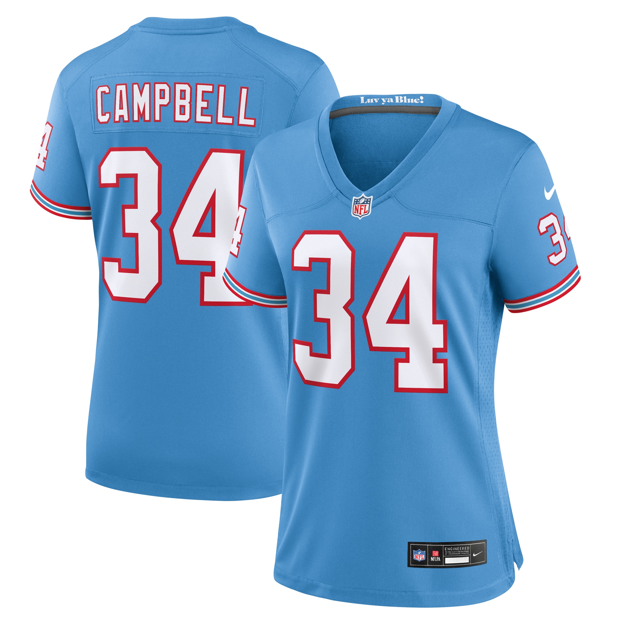 Women's Tennessee Titans Earl Campbell Light Blue Oilers Throwback Retired Player Game Jersey JS8209 Saliibo