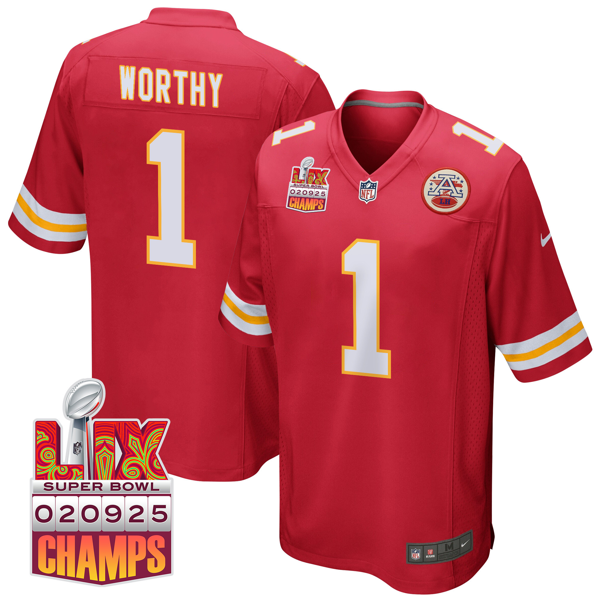 Xavier Worthy 1 Kansas City Chiefs Super Bowl LIX Champions Patch Game Men Jersey - Red JS3465 Saliibo
