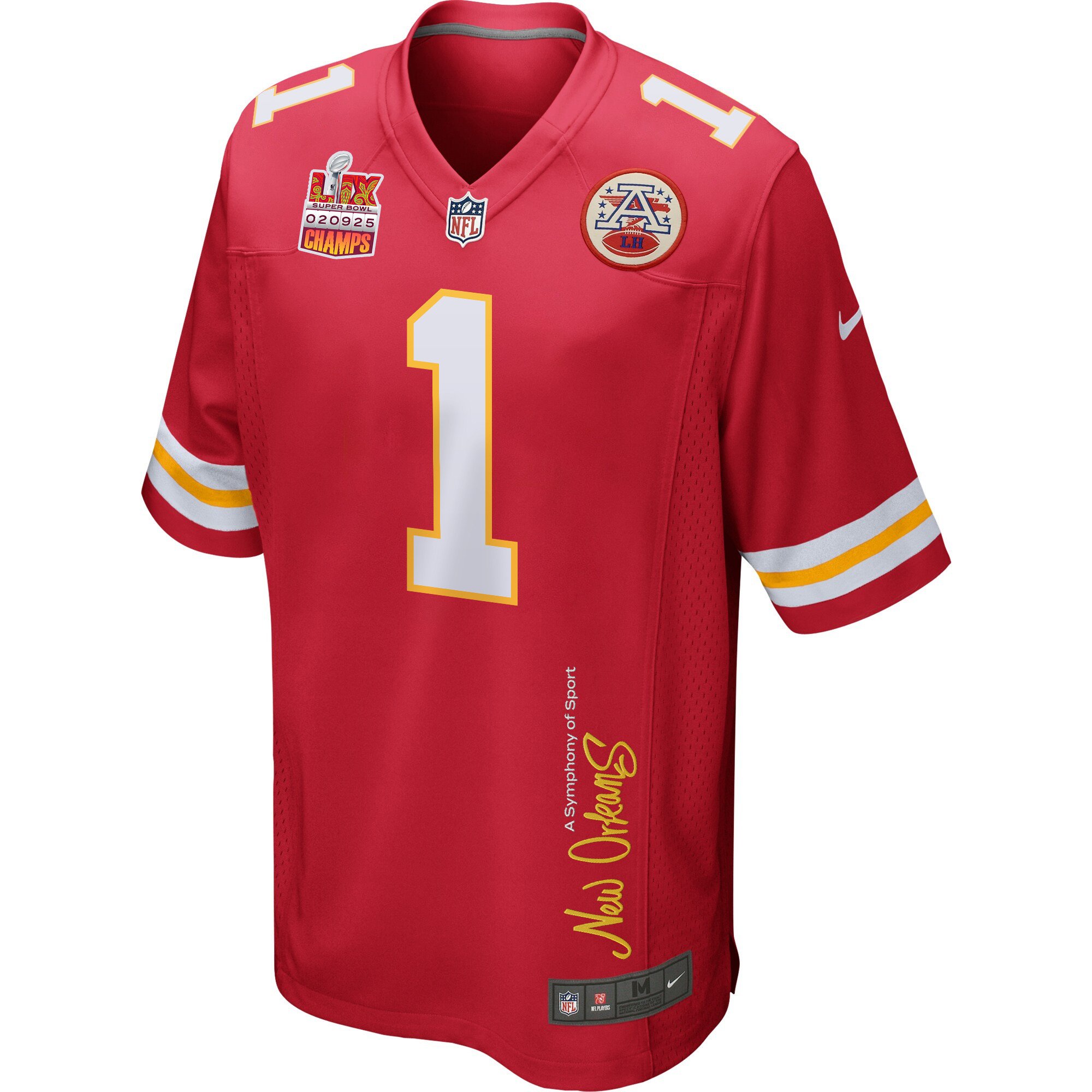 Xavier Worthy 1 Kansas City Chiefs Super Bowl LIX Champions Patch 'New Orleans - A Symphony of Sport' EMBROIDERED Game Men Jersey - Red JS3737 Saliibo - Image 3