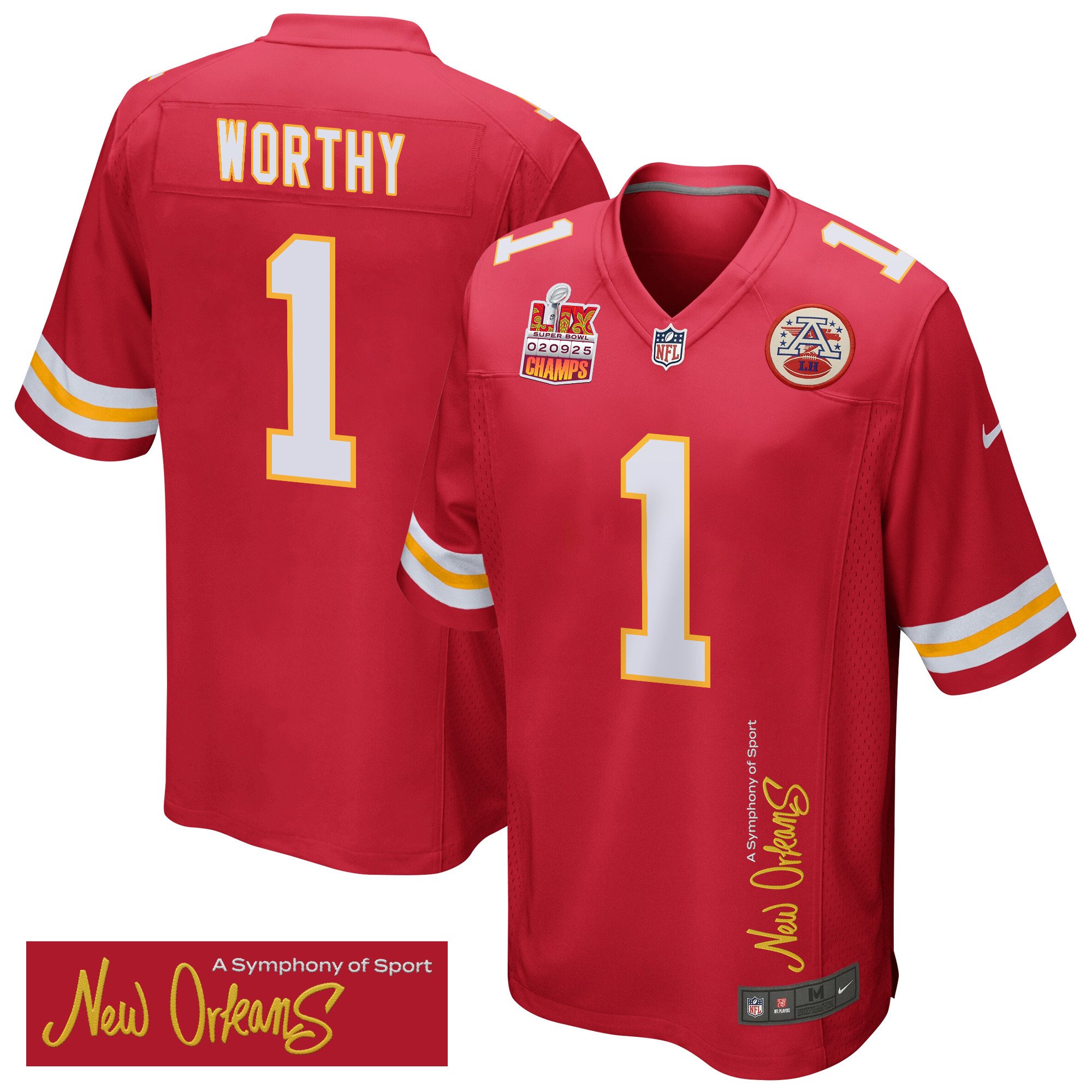 Xavier Worthy 1 Kansas City Chiefs Super Bowl LIX Champions Patch 'New Orleans - A Symphony of Sport' EMBROIDERED Game Men Jersey - Red JS3737 Saliibo