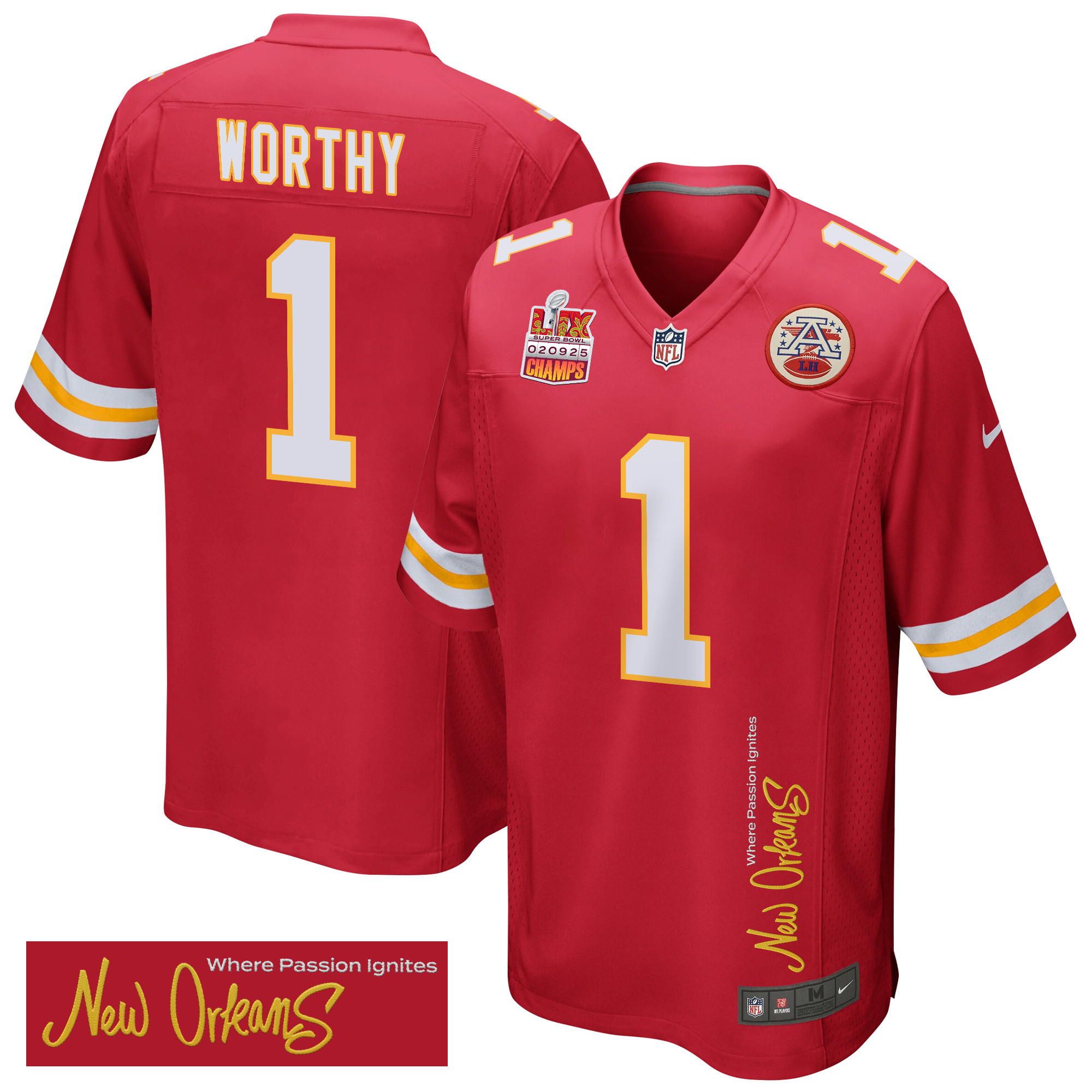 Xavier Worthy 1 Kansas City Chiefs Super Bowl LIX Champions Patch 'New Orleans - Where Passion Ignites' EMBROIDERED Game Men Jersey - Red JS8213 Saliibo