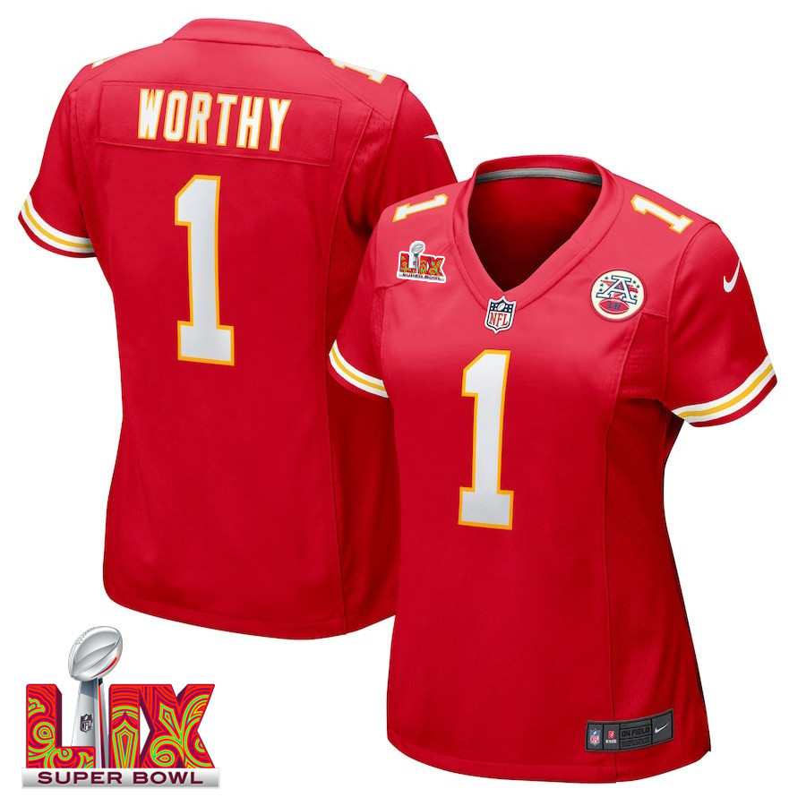 Xavier Worthy #1 Kansas City Chiefs Super Bowl LIX Women's Jersey - Red JS9216 Saliibo