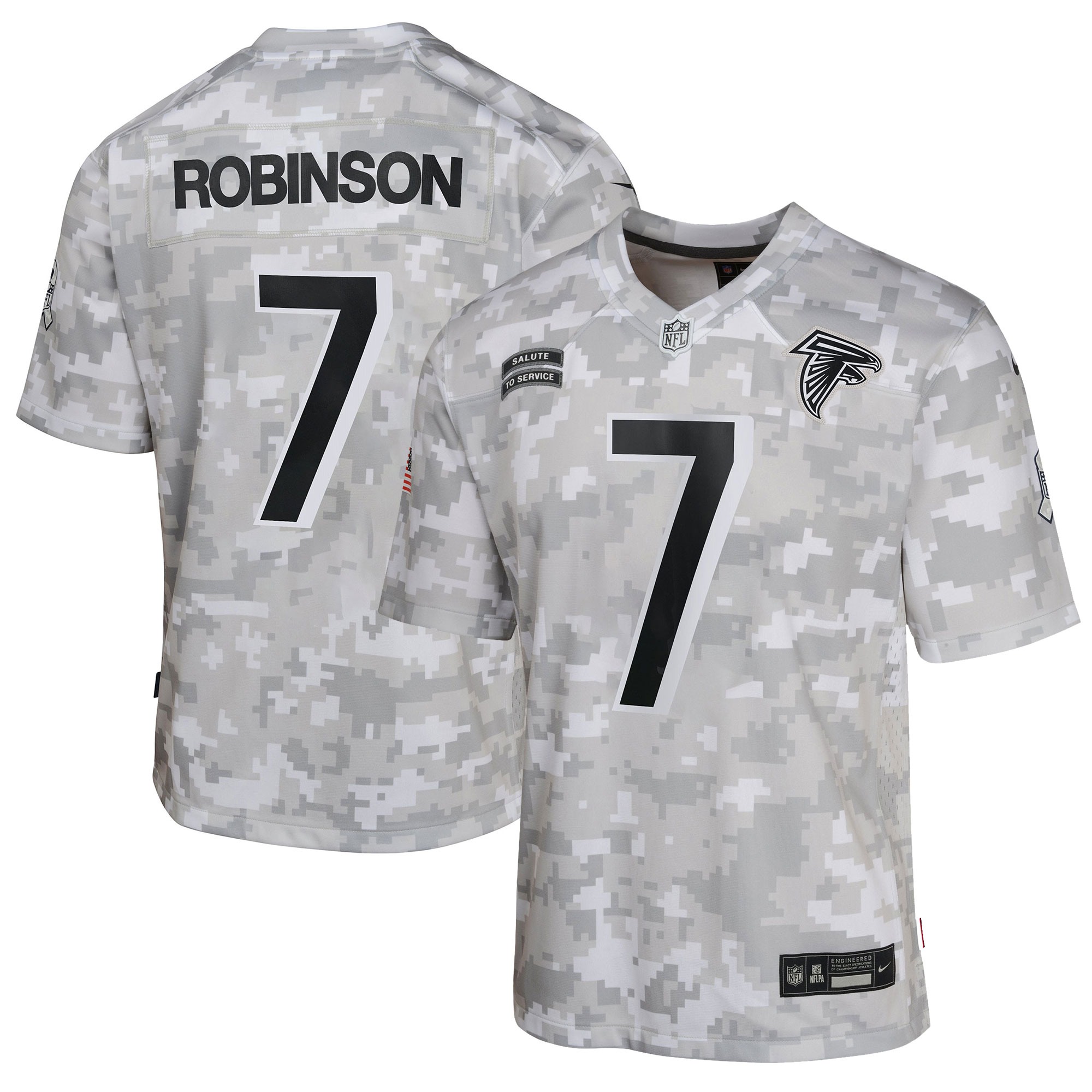 Youth Atlanta Falcons Bijan Robinson Arctic Camo 2024 Salute to Service Game Jersey JS7943 Saliibo