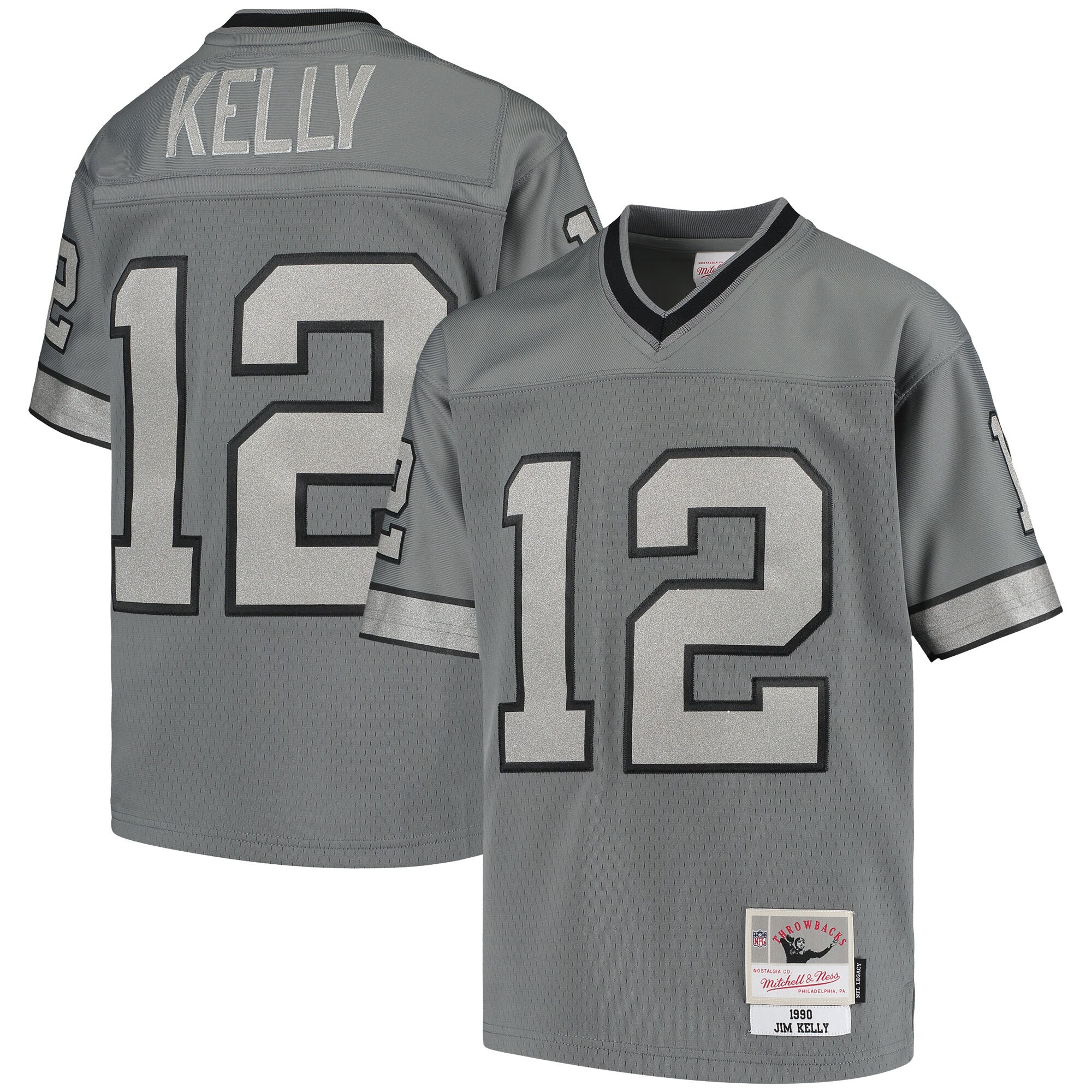 Youth Buffalo Bills Jim Kelly Mitchell & Ness Charcoal 1990 Retired Player Metal Jersey JS4294 Saliibo