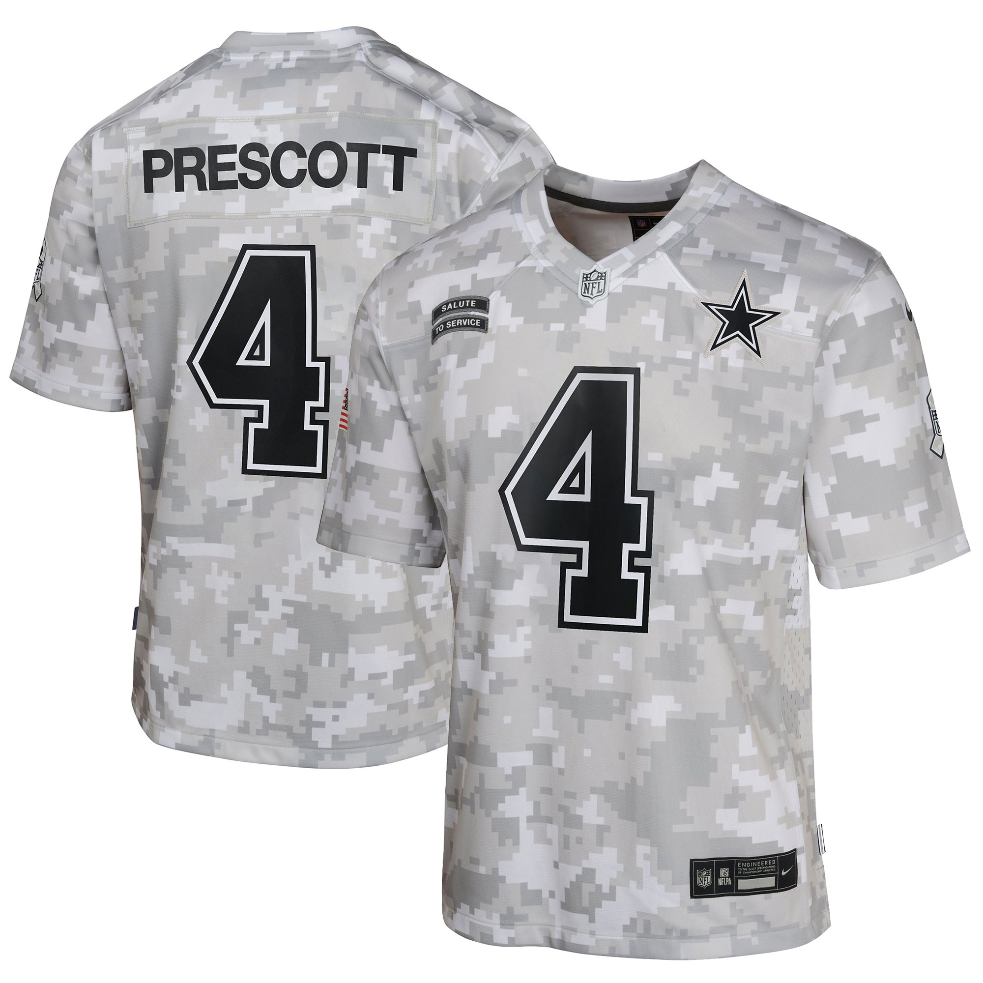 Youth Dallas Cowboys Dak Prescott Arctic Camo 2024 Salute to Service Game Jersey JS6933 Saliibo