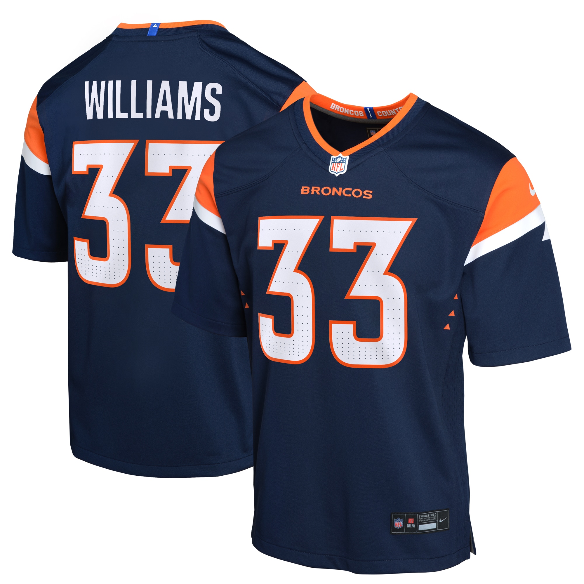 Youth Denver Broncos Javonte Williams Navy Mile High Collection Game Jersey JS6976 Saliibo