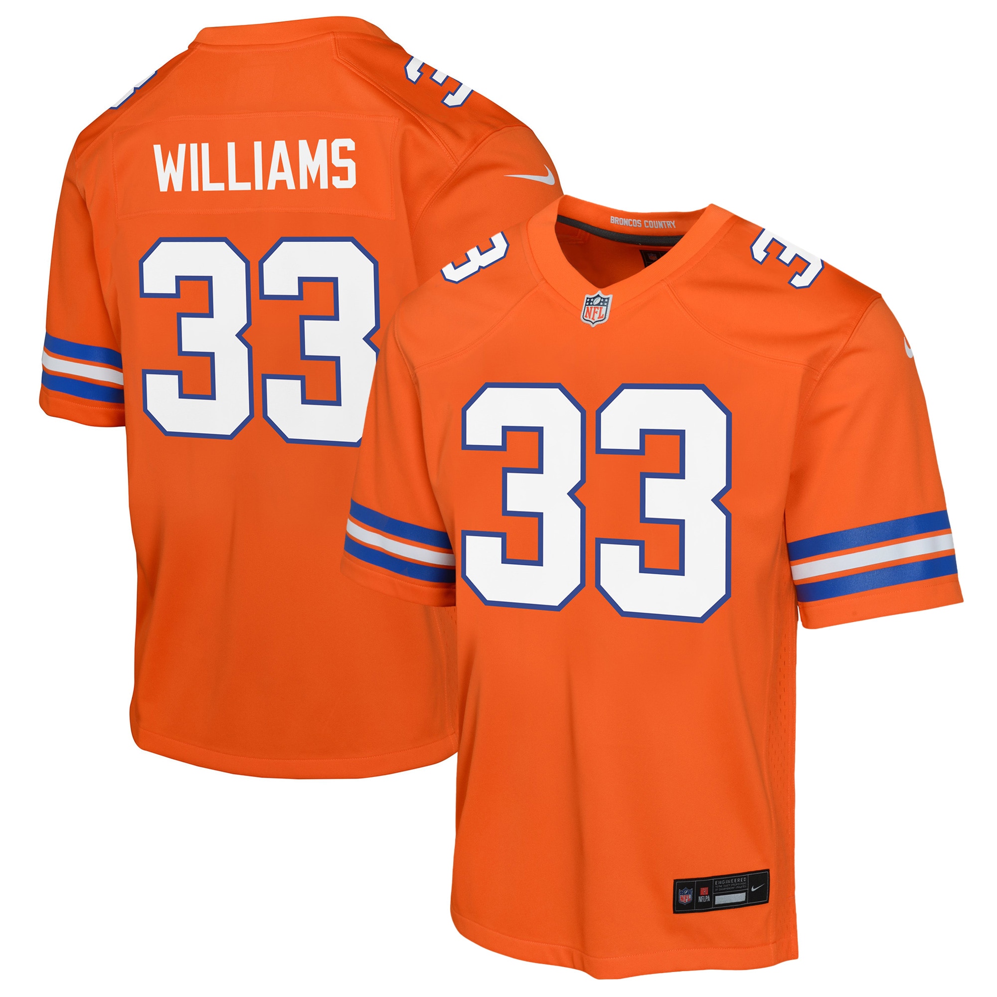 Youth Denver Broncos Javonte Williams Orange Mile High Collection 1977 Throwback Game Jersey JS1702 Saliibo
