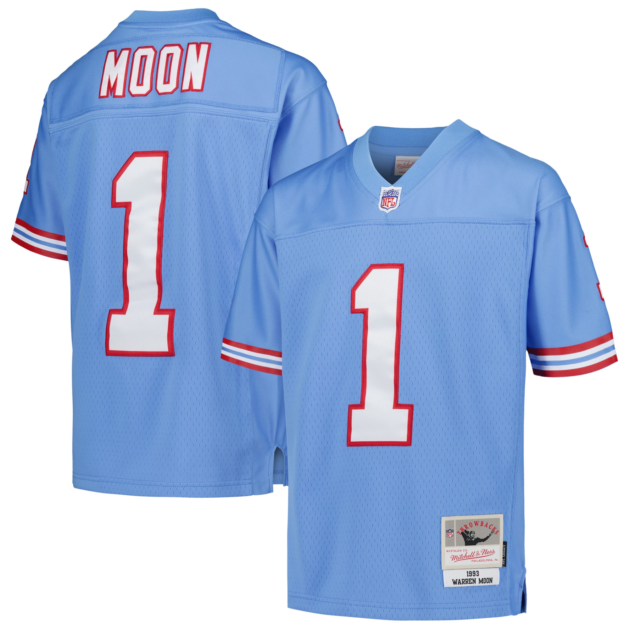 Youth Houston Oilers Warren Moon Mitchell & Ness Light Blue Gridiron Classics 1993 Retired Player Legacy Jersey JS2651 Saliibo