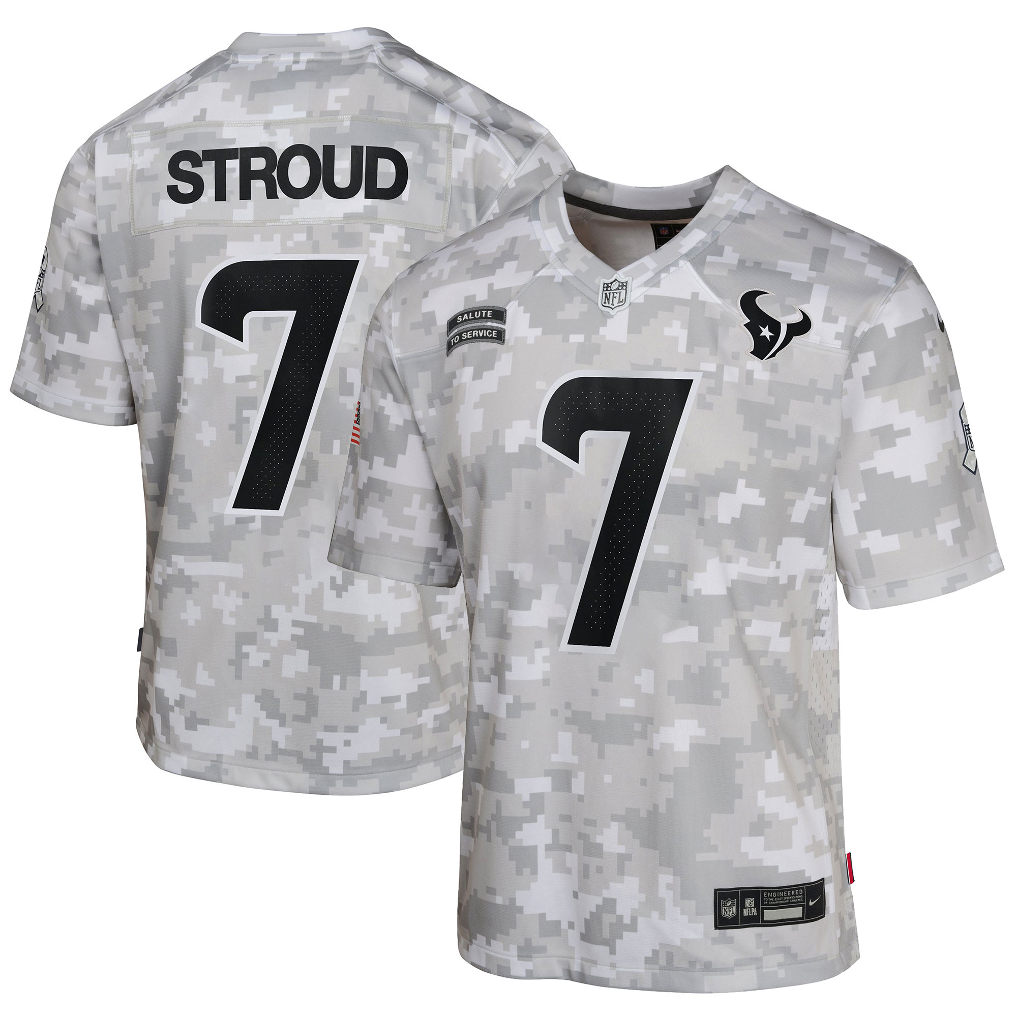 Youth Houston Texans C.J. Stroud Arctic Camo 2024 Salute to Service Game Jersey JS8233 Saliibo