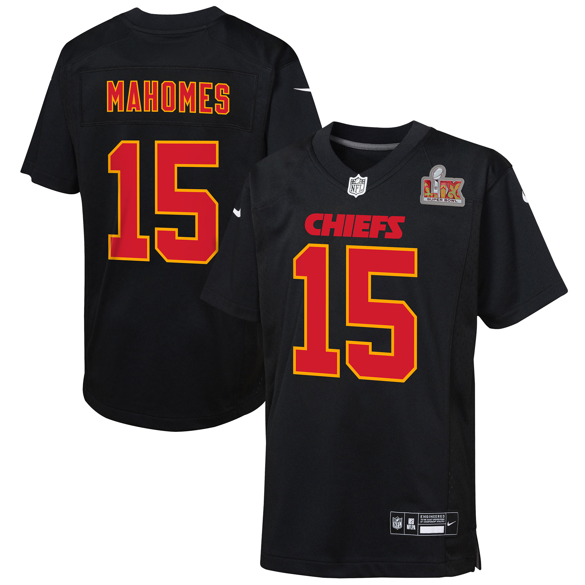 Youth Kansas City Chiefs Patrick Mahomes Carbon Black Super Bowl LIX Patch Fashion Game Jersey JS9045 Saliibo