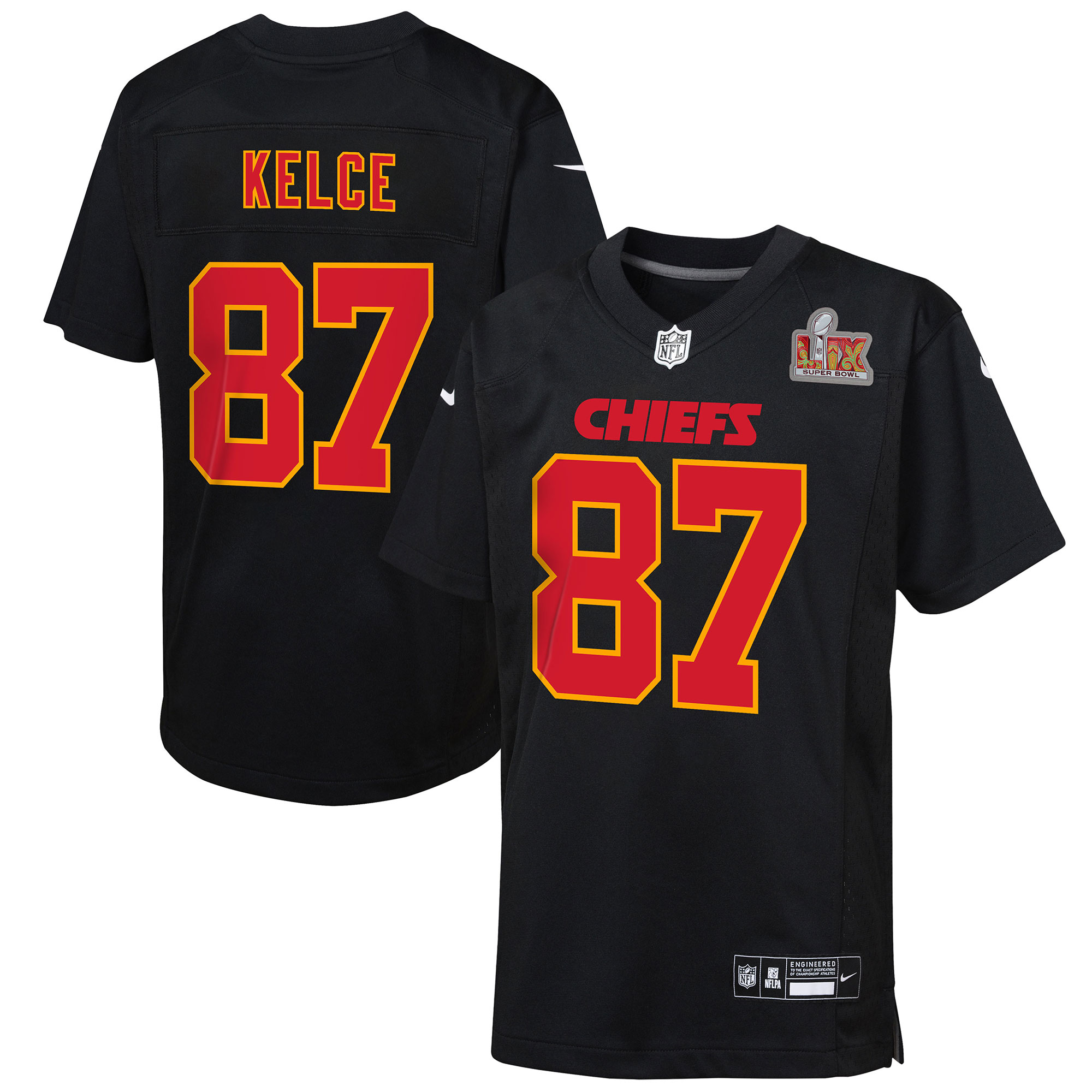 Youth Kansas City Chiefs Travis Kelce Carbon Black Super Bowl LIX Patch Fashion Game Jersey JS7309 Saliibo