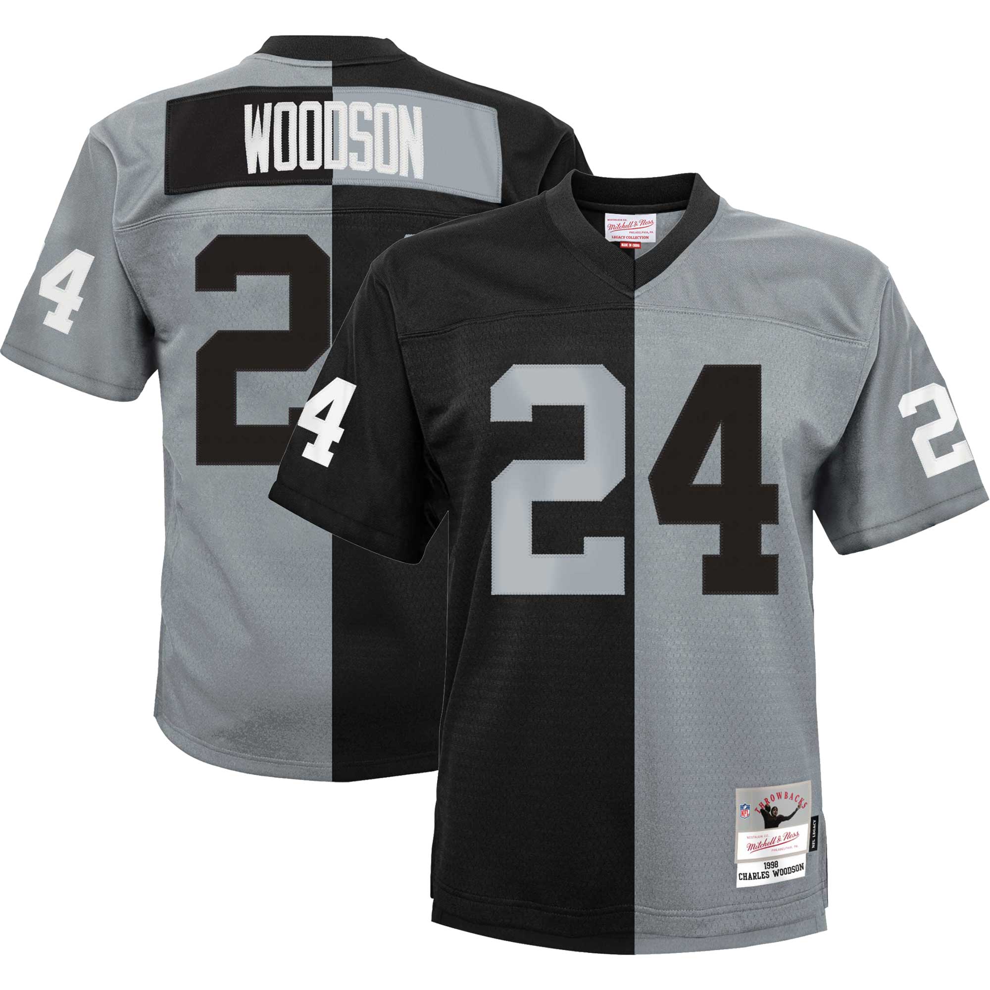 Youth Las Vegas Raiders Charles Woodson Mitchell & Ness Black/Silver Split Legacy Jersey JS6545 Saliibo