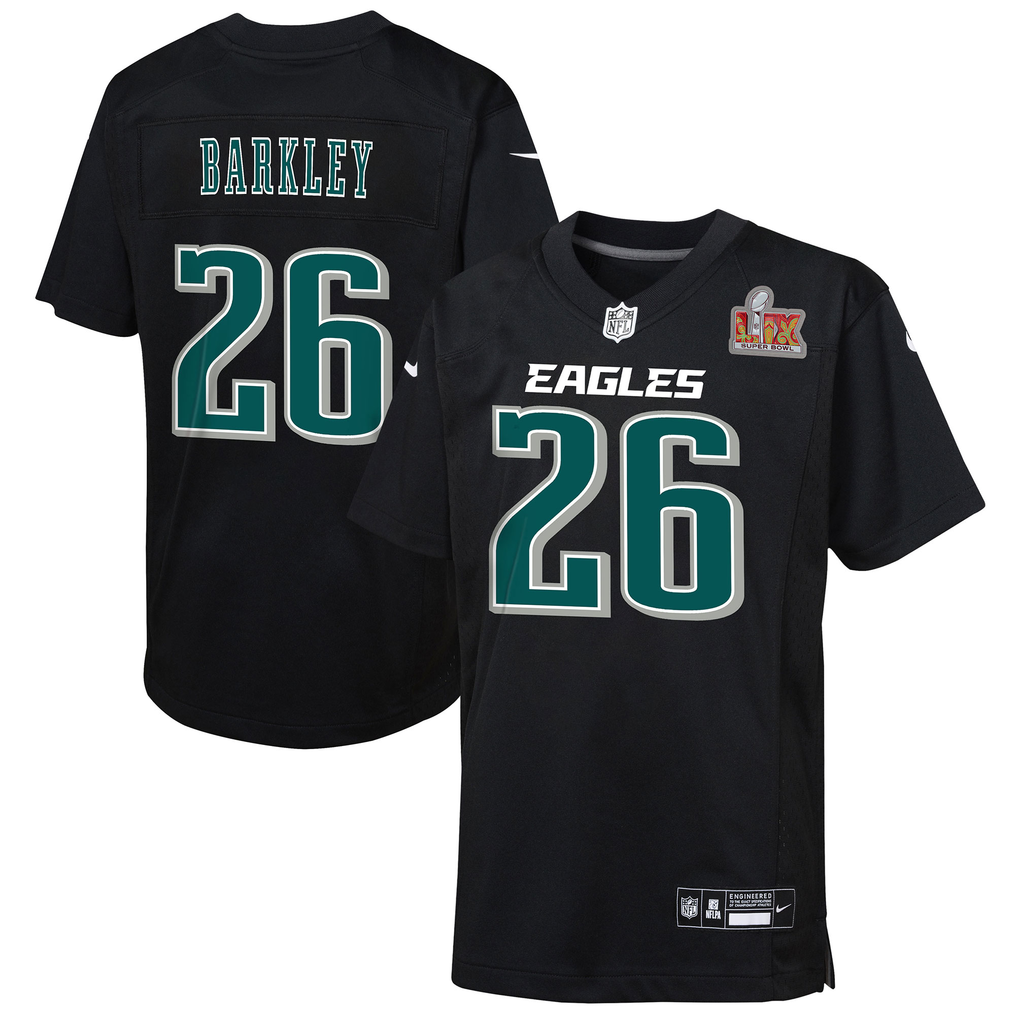 Youth Philadelphia Eagles Saquon Barkley Carbon Black Super Bowl LIX Patch Fashion Game Player Jersey JS3063 Saliibo