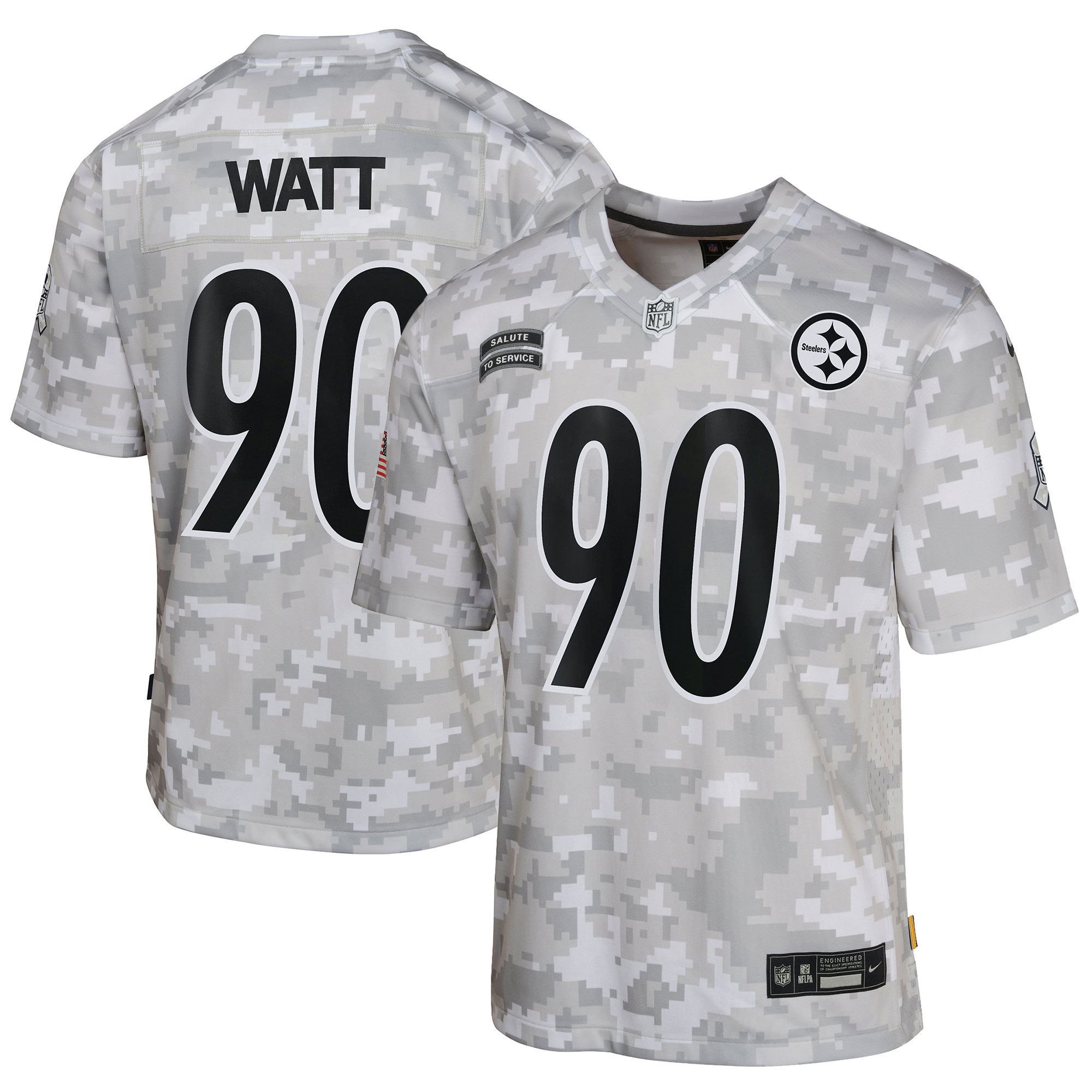 Youth Pittsburgh Steelers T.J. Watt Arctic Camo 2024 Salute to Service Game Jersey JS1389 Saliibo