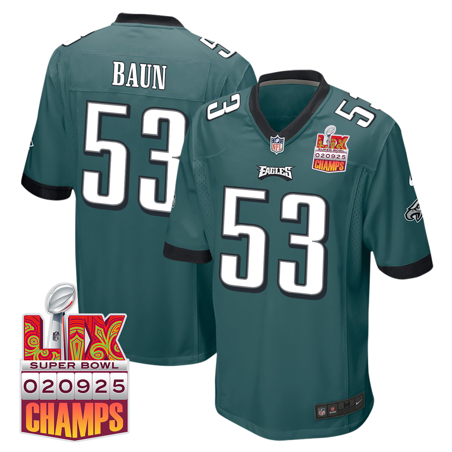 Zack Baun 53 Philadelphia Eagles Super Bowl LIX Champions Patch Game Men Jersey - Midnight Green JS1472 Saliibo