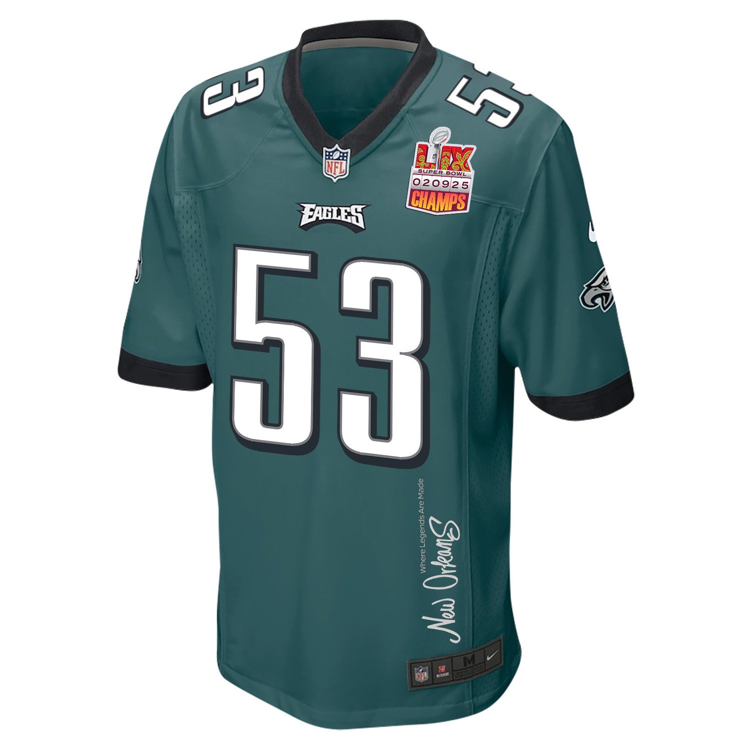 Zack Baun 53 Philadelphia Eagles Super Bowl LIX Champions Patch 'New Orleans - Where Legends Are Made' EMBROIDERED Game Men Jersey - Midnight Green JS3918 Saliibo - Image 3