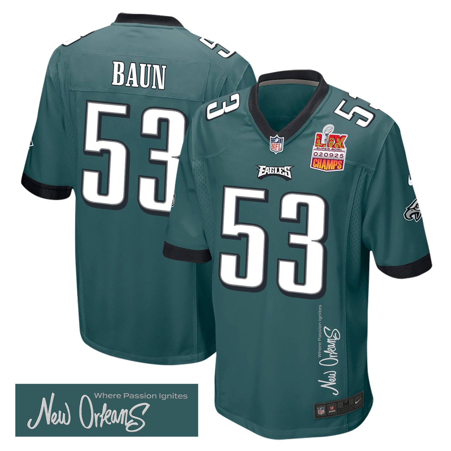 Zack Baun 53 Philadelphia Eagles Super Bowl LIX Champions Patch 'New Orleans - Where Passion Ignites' EMBROIDERED Game Men Jersey - Midnight Green JS8049 Saliibo