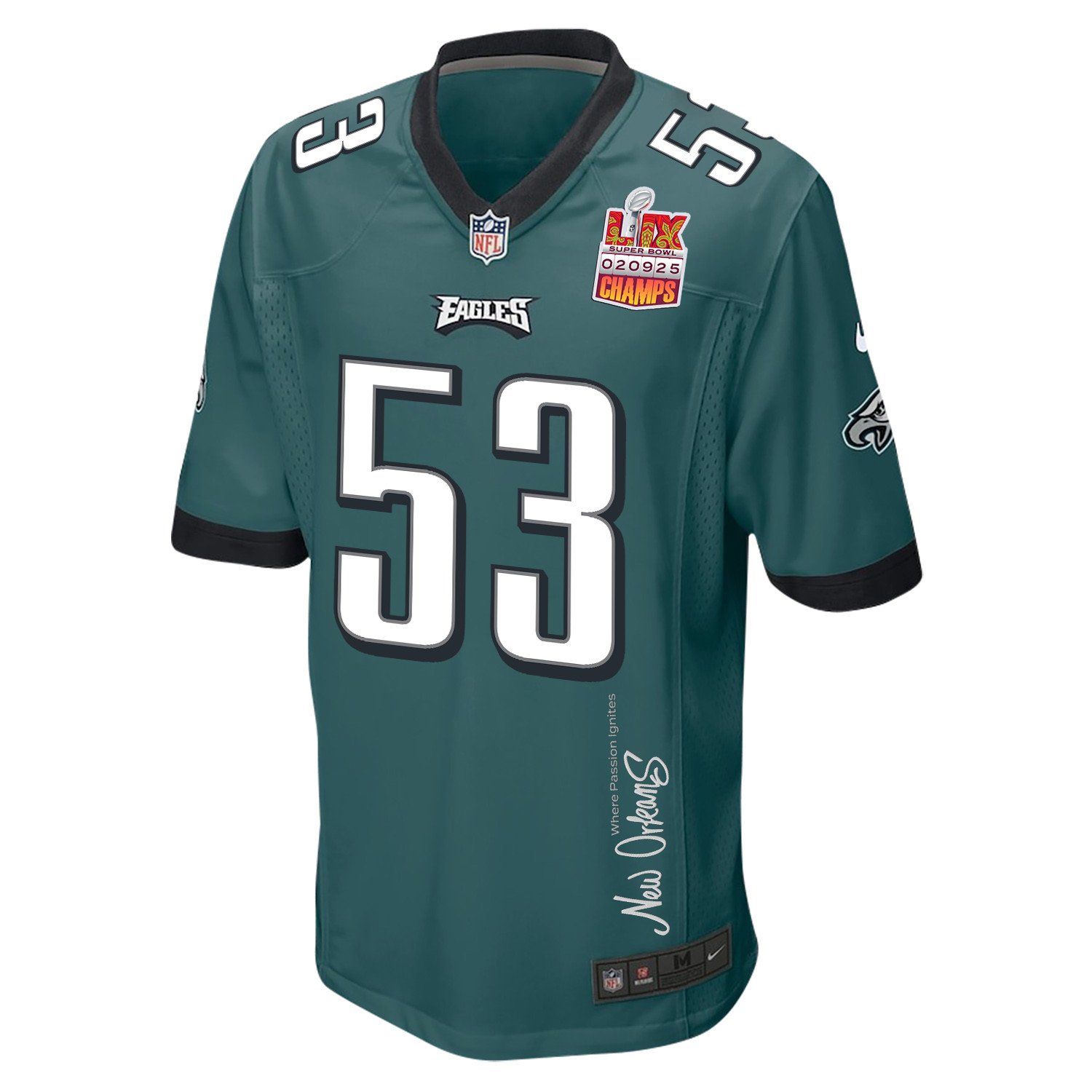 Zack Baun 53 Philadelphia Eagles Super Bowl LIX Champions Patch 'New Orleans - Where Passion Ignites' EMBROIDERED Game Men Jersey - Midnight Green JS8049 Saliibo - Image 3