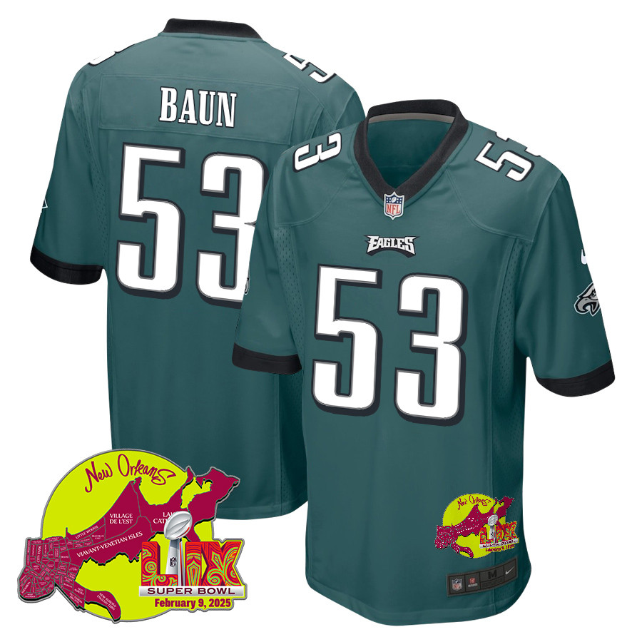 Zack Baun 53 Philadelphia Eagles Super Bowl LIX New Orleans Patch Game Men Jersey - Midnight Green JS9316 Saliibo