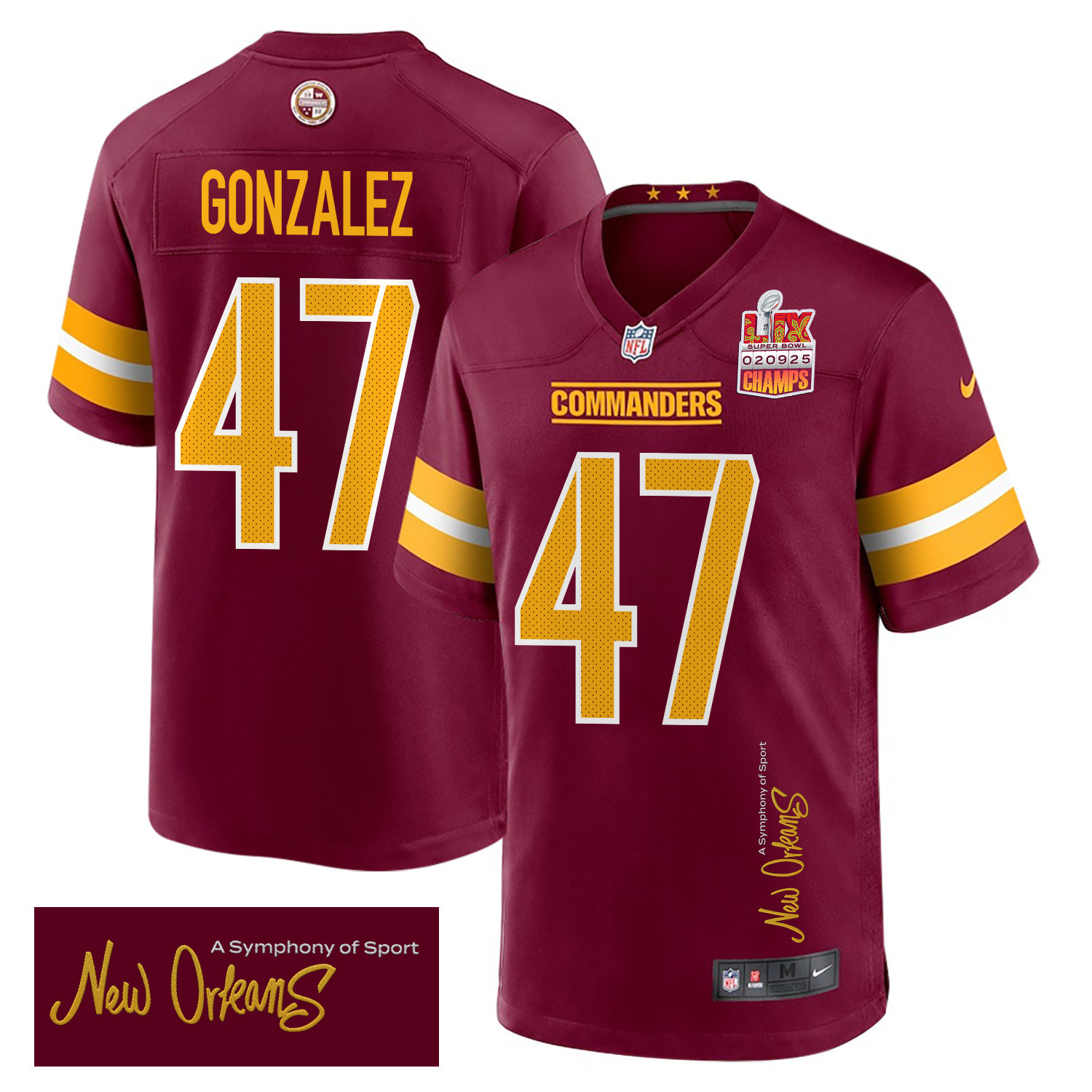 Zane Gonzalez 47 Washington Commanders Super Bowl LIX Champions Patch 'New Orleans - A Symphony of Sport' EMBROIDERED Game Men Jersey - Burgundy JS9193 Saliibo