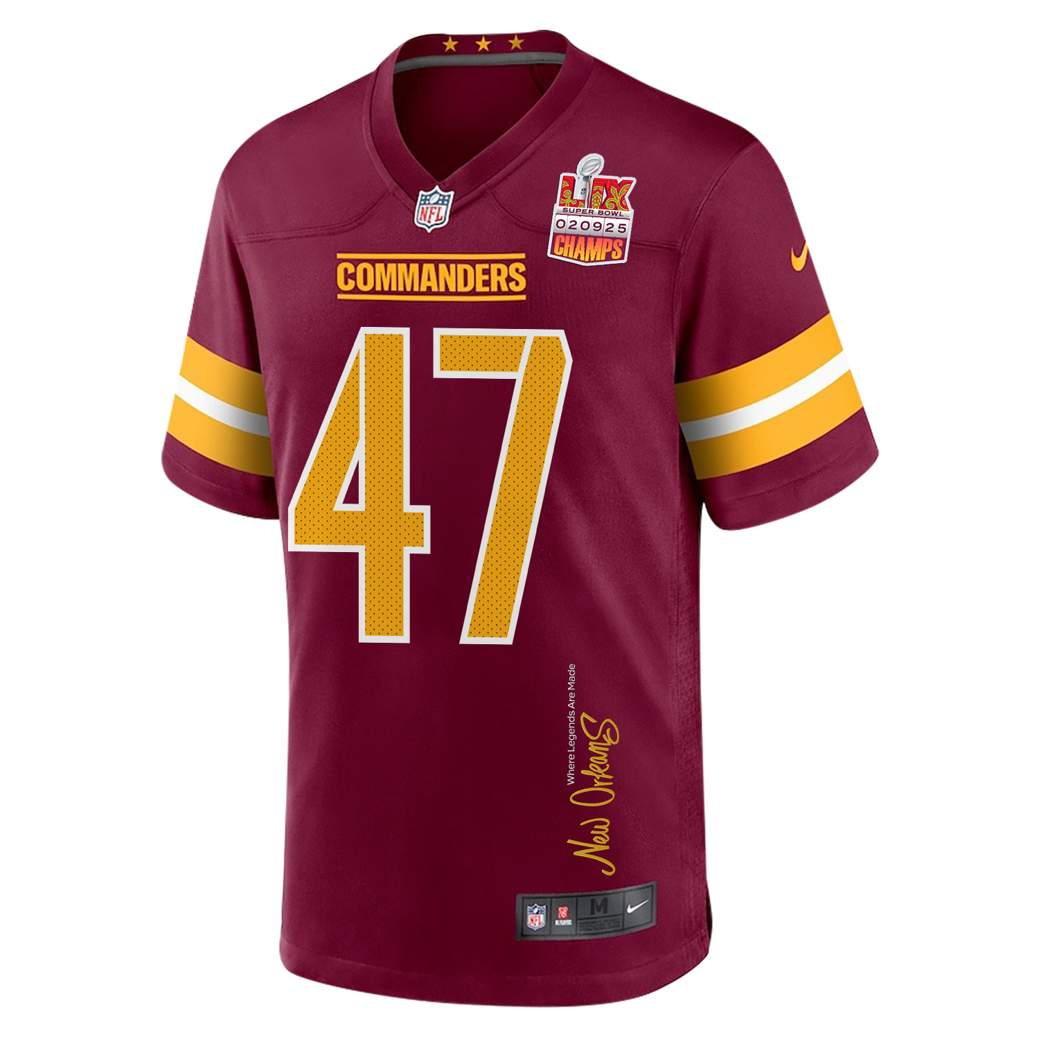 Zane Gonzalez 47 Washington Commanders Super Bowl LIX Champions Patch 'New Orleans - Where Legends Are Made' EMBROIDERED Game Men Jersey - Burgundy JS8092 Saliibo - Image 3