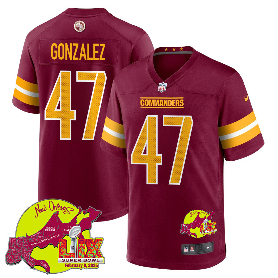 Zane Gonzalez 47 Washington Commanders Super Bowl LIX New Orleans Patch Game Men Jersey - Burgundy JS6808 Saliibo